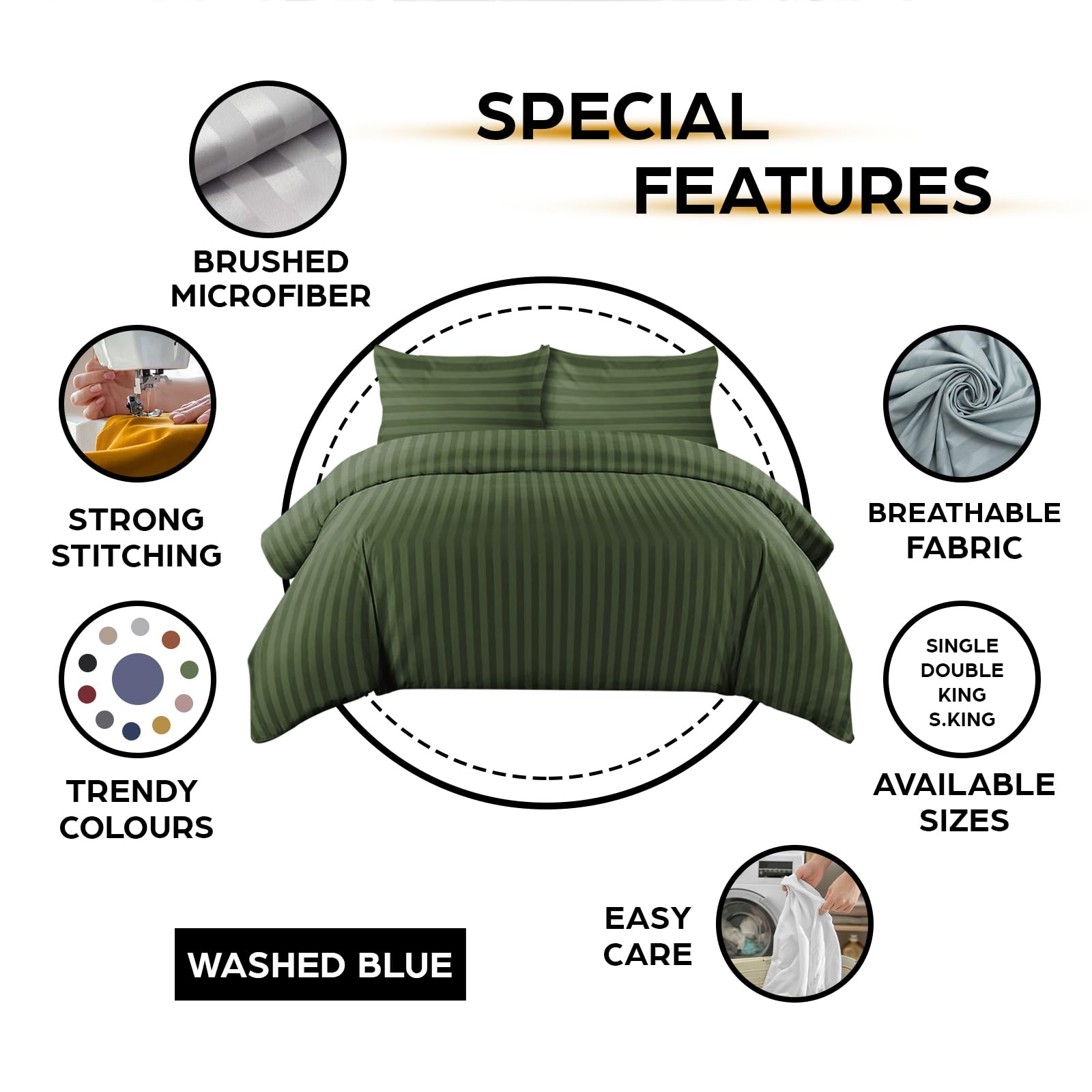 MOONLIGHT20015 King Size Duvet Cover Sets 4 Piece Satin Stripe Duvet Covers Soft Brushed Microfiber Bedding Set including Fitted Sheet & 2 Pillow Cases (Olive Green - Image 4