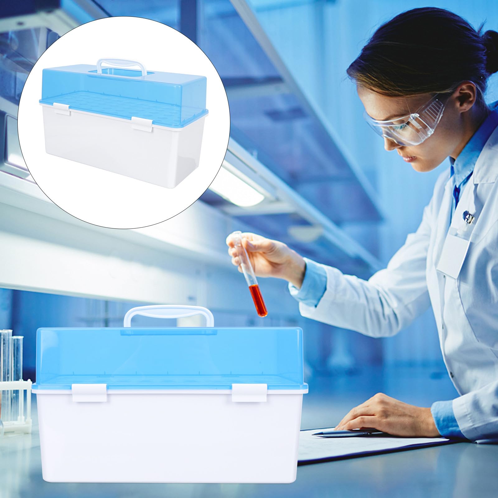 Porta Provette Angoli Arrotondati in Plastica Blu 50 Fori Scatola di Stoccaggio Sicura e Resistente per Uso Laboratoristico e Clinico