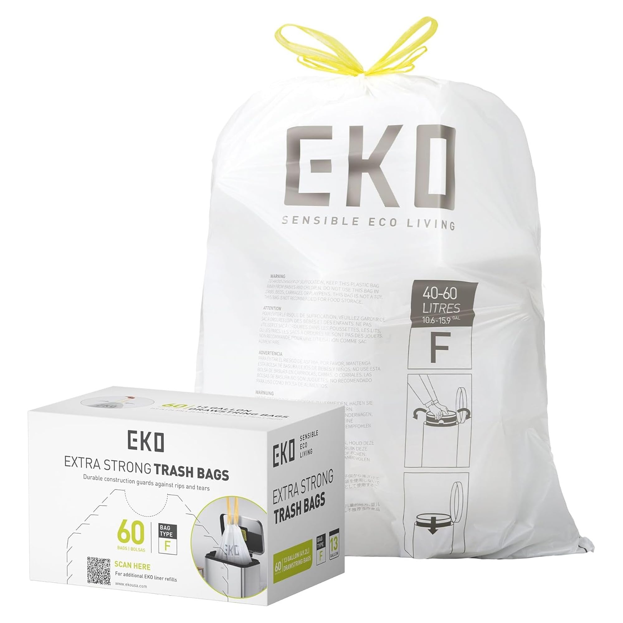 Easy-Dispense Roll of 60 Count Extra-Strong Drawstring Kitchen Trash Bags - 13 Gallon (40L-60L) 60 pack (EK33706B)