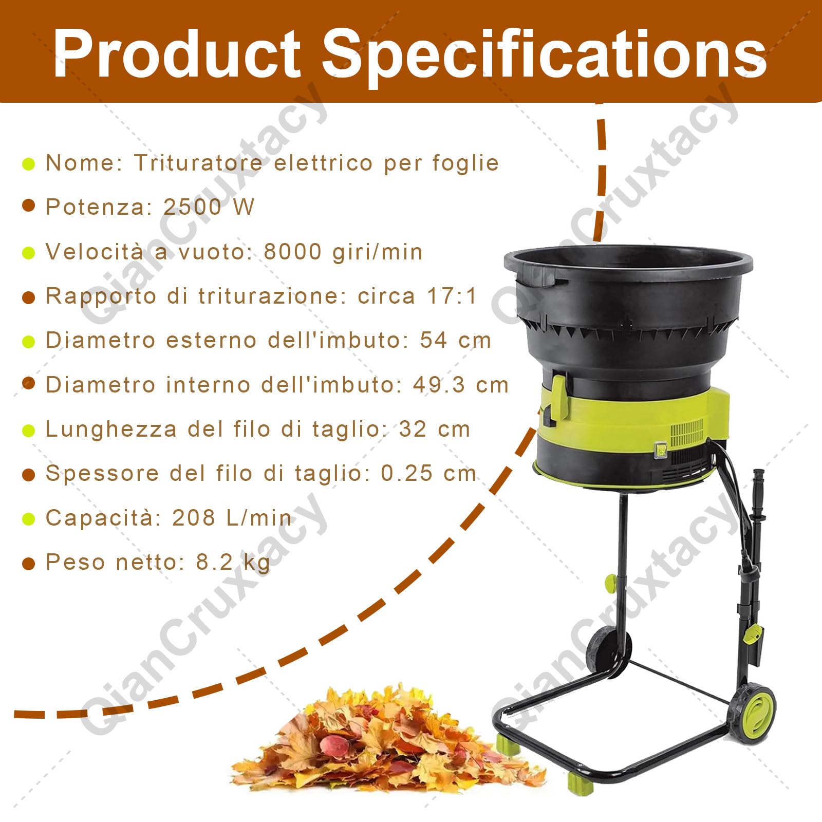 Trituradora de compost, trituradora eléctrica de hojas de jardín, trituradora portátil de 2500 W, amoladora automática de 8000 rpm, diámetro de embudo de 54 cm para limpieza de patio