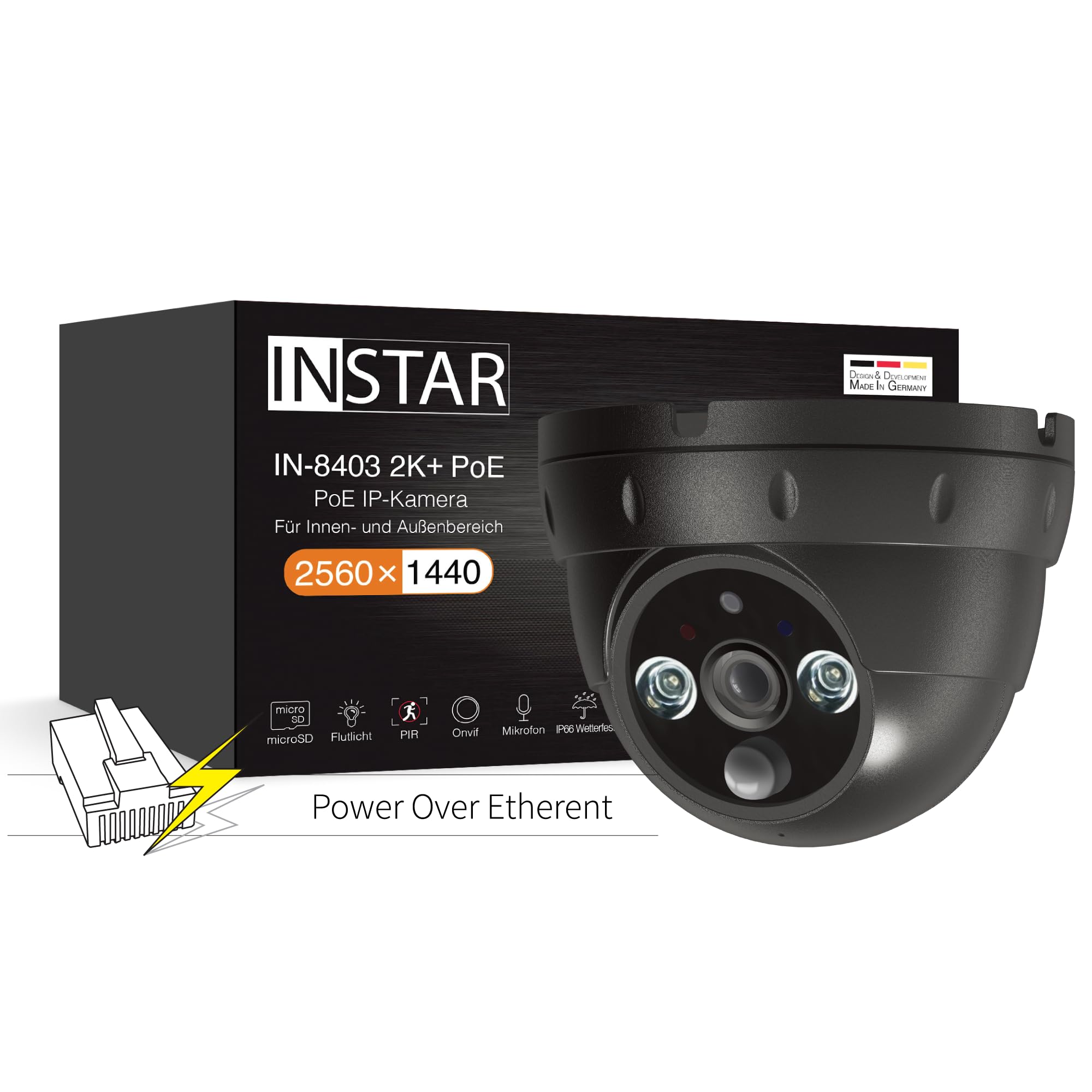 Instar Black In-8403 2K+ - Lan/Poe Surveillance Camera With Ai (Artificial Intelligence) - Ip Camera - Power Over Ethernet - Pir - Night Vision - For Indoor And Outdoor Use - Homekit - Mqtt