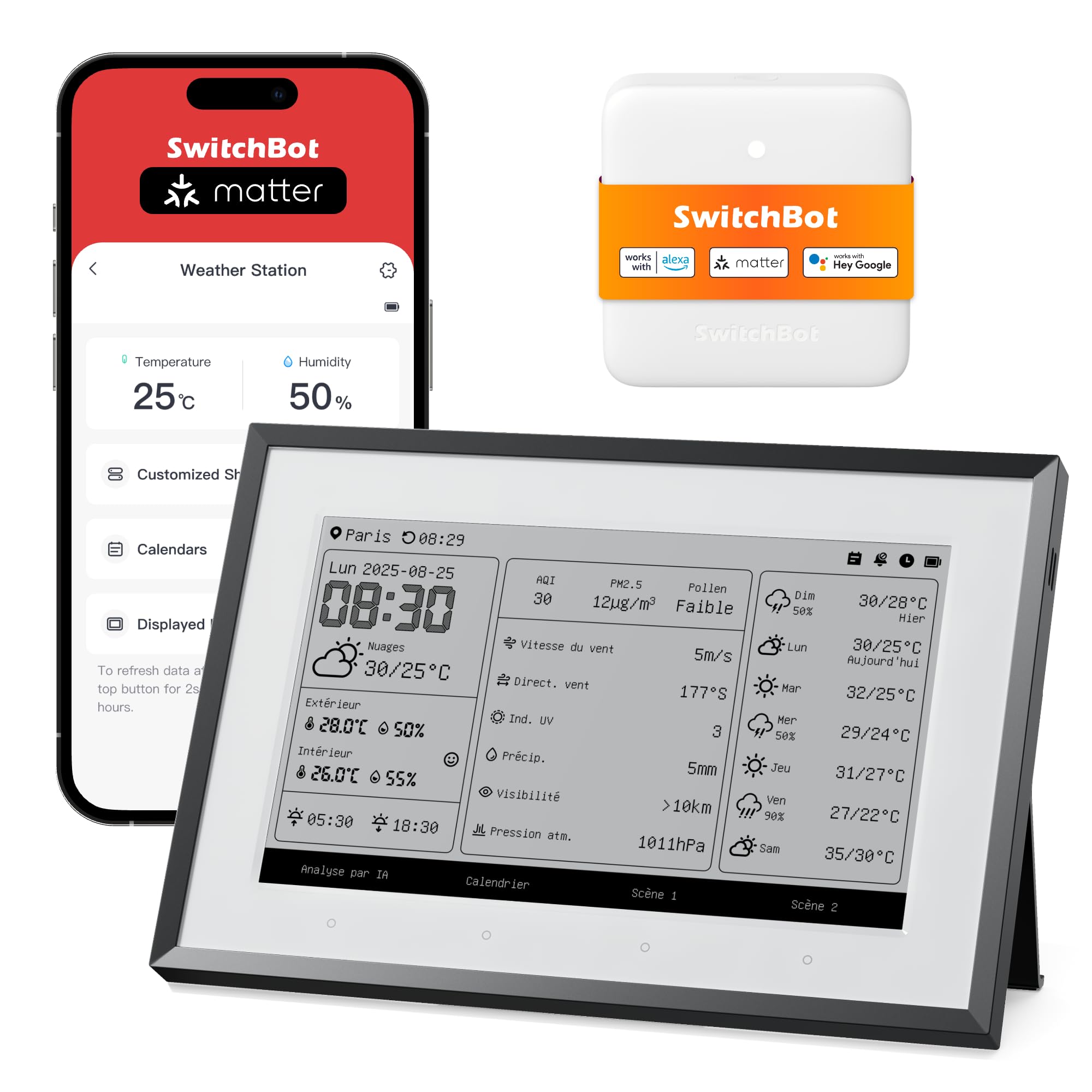 SwitchBot Tableau de bord domestique intelligent E-Ink, thermomètre hygromètre sans fil intérieur/extérieur avec calendrier, Wi-Fi 2,4GHz&BLE,compatible Google/iCloud/Outlook (2in1 Combo)