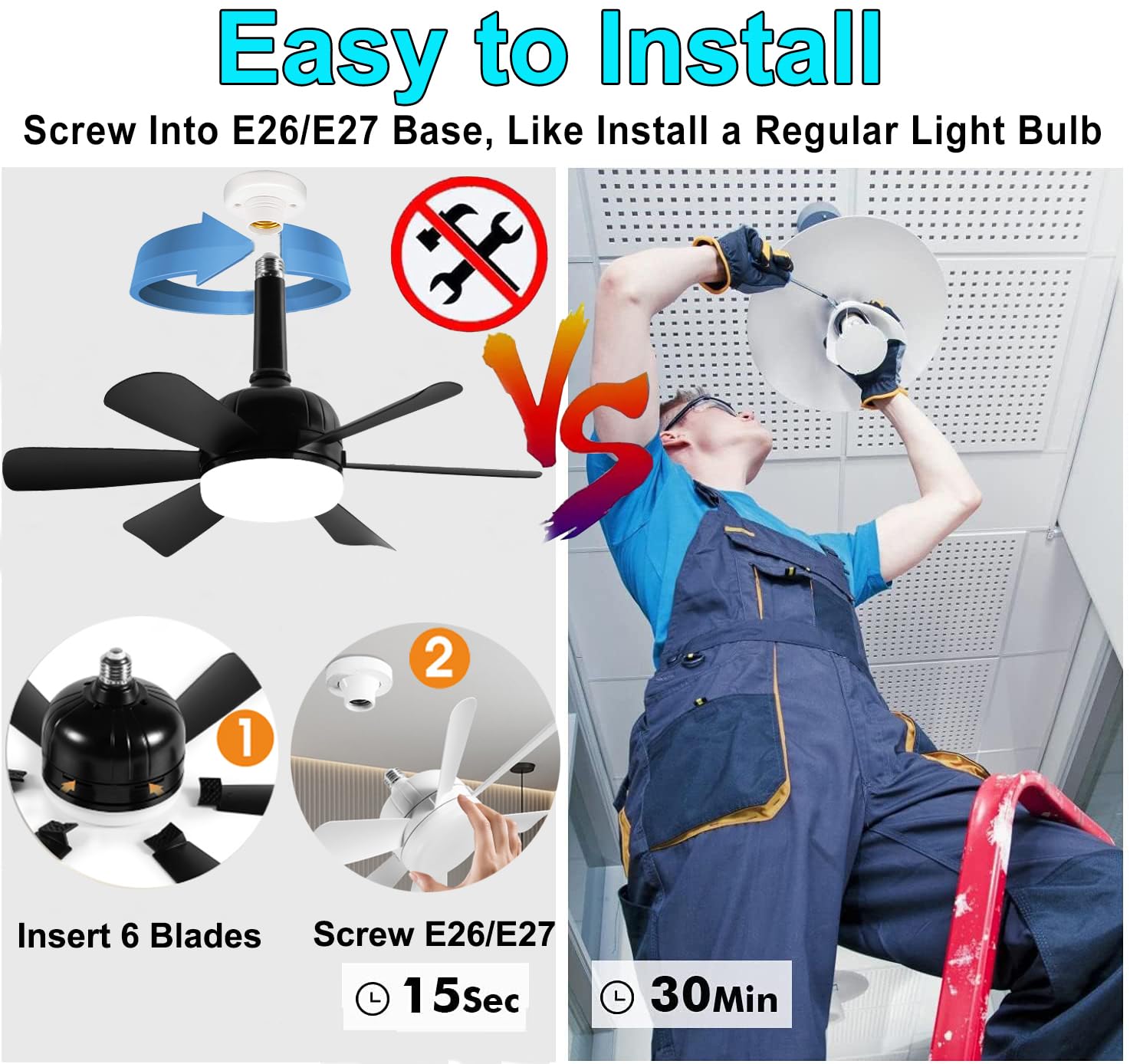 2-Pack Socket Fan Light – LED Ceiling Fan With Remote, 18 Inch Low Profile Screw-In, Dimmable 3000K-6500K, 4 Speeds – For Bedroom, Kitchen, Laundry, Garage – E26/E27 Base, No Tools Needed