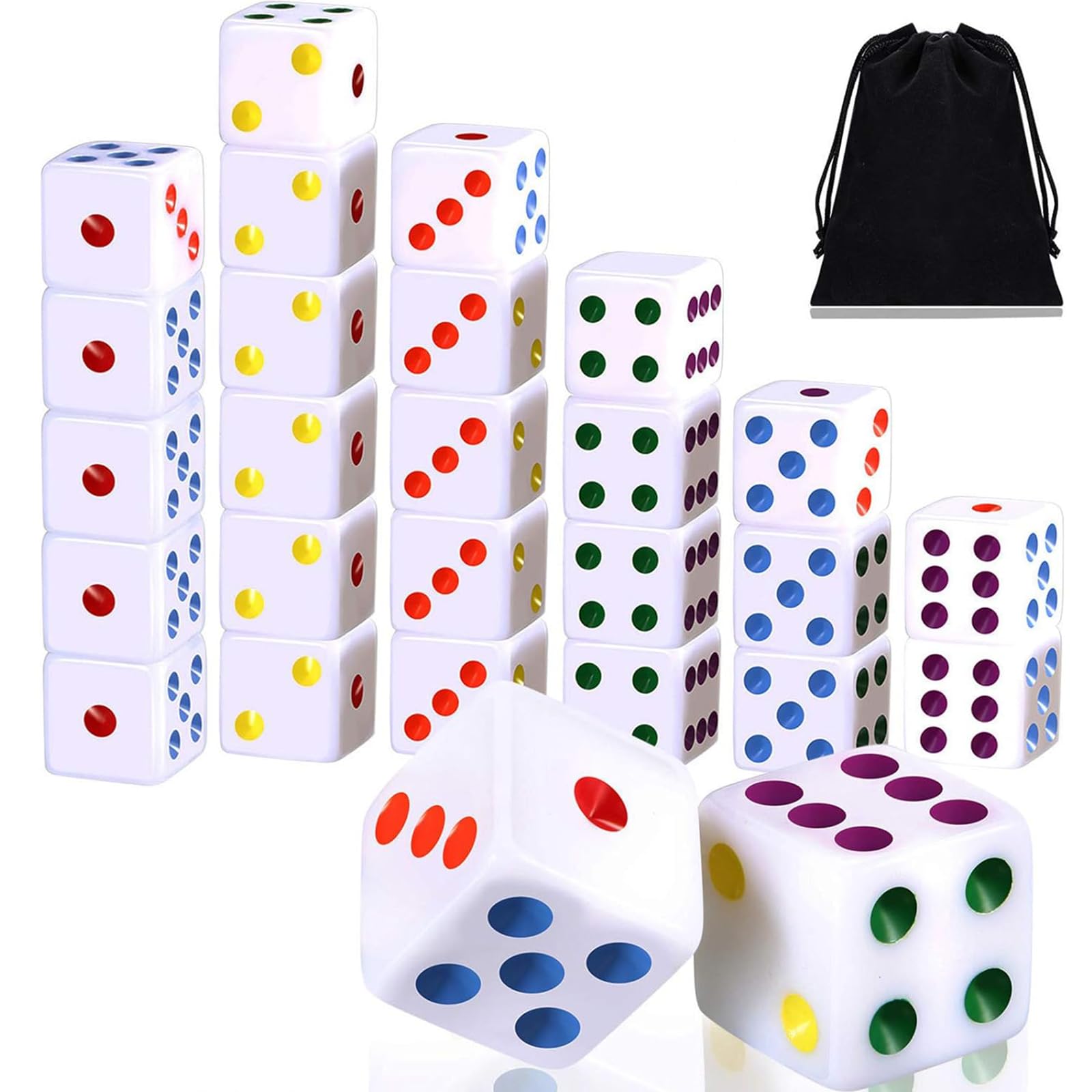 Gejoy 50 Pieces Six Sided Dices 16mm Standard Solid Dice White with Multi-Color Pips Square Corner Dices Set for Board Games and Teaching Math Farkle