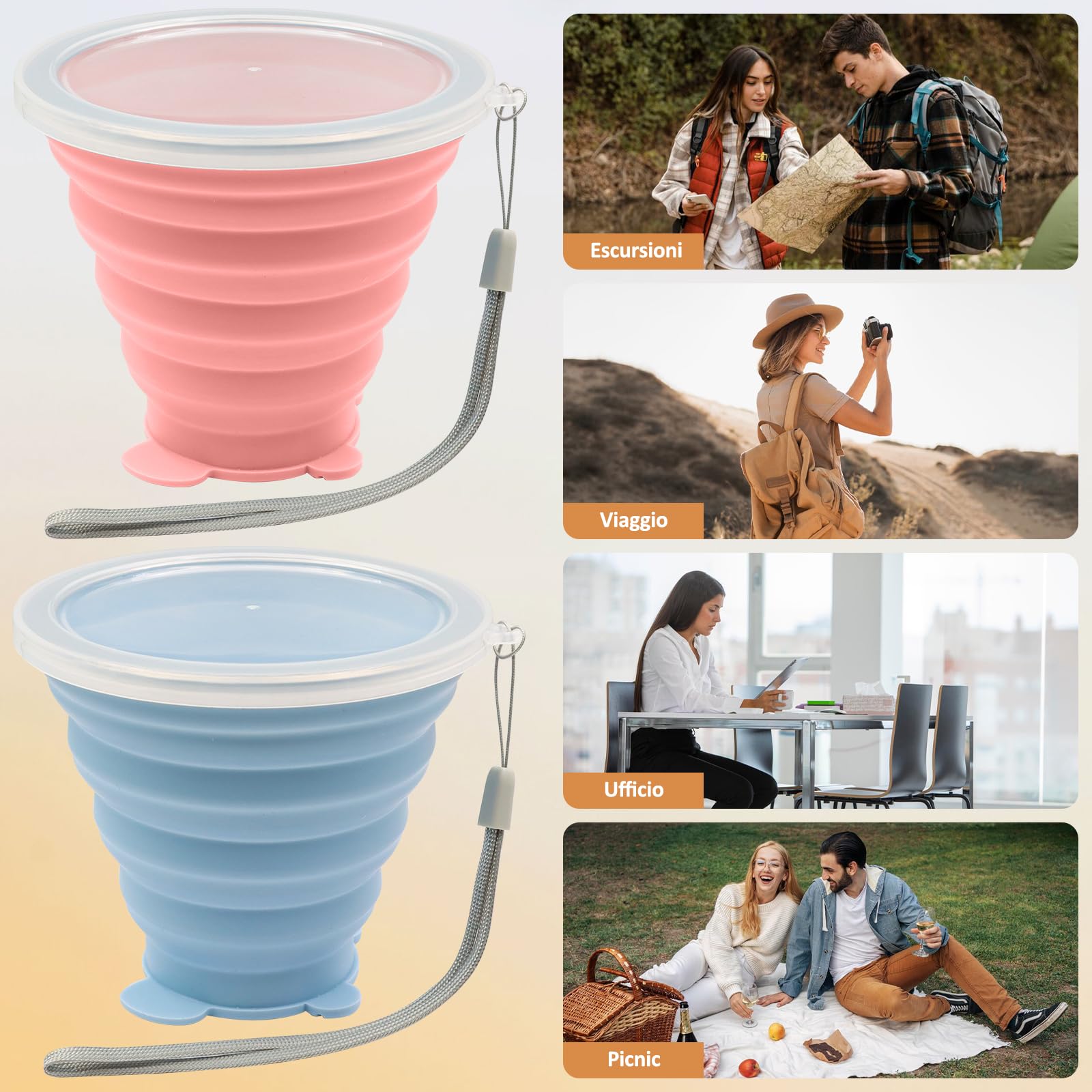 ZOCONE 2 Pezzi Bicchiere Pieghevole Silicone, 270ml Bicchiere Pieghevole da Viaggio Alimentare Riutilizzabile Bicchiere Pieghevole in Silicone per Viaggio Campeggio Escursionismo e Lavoro