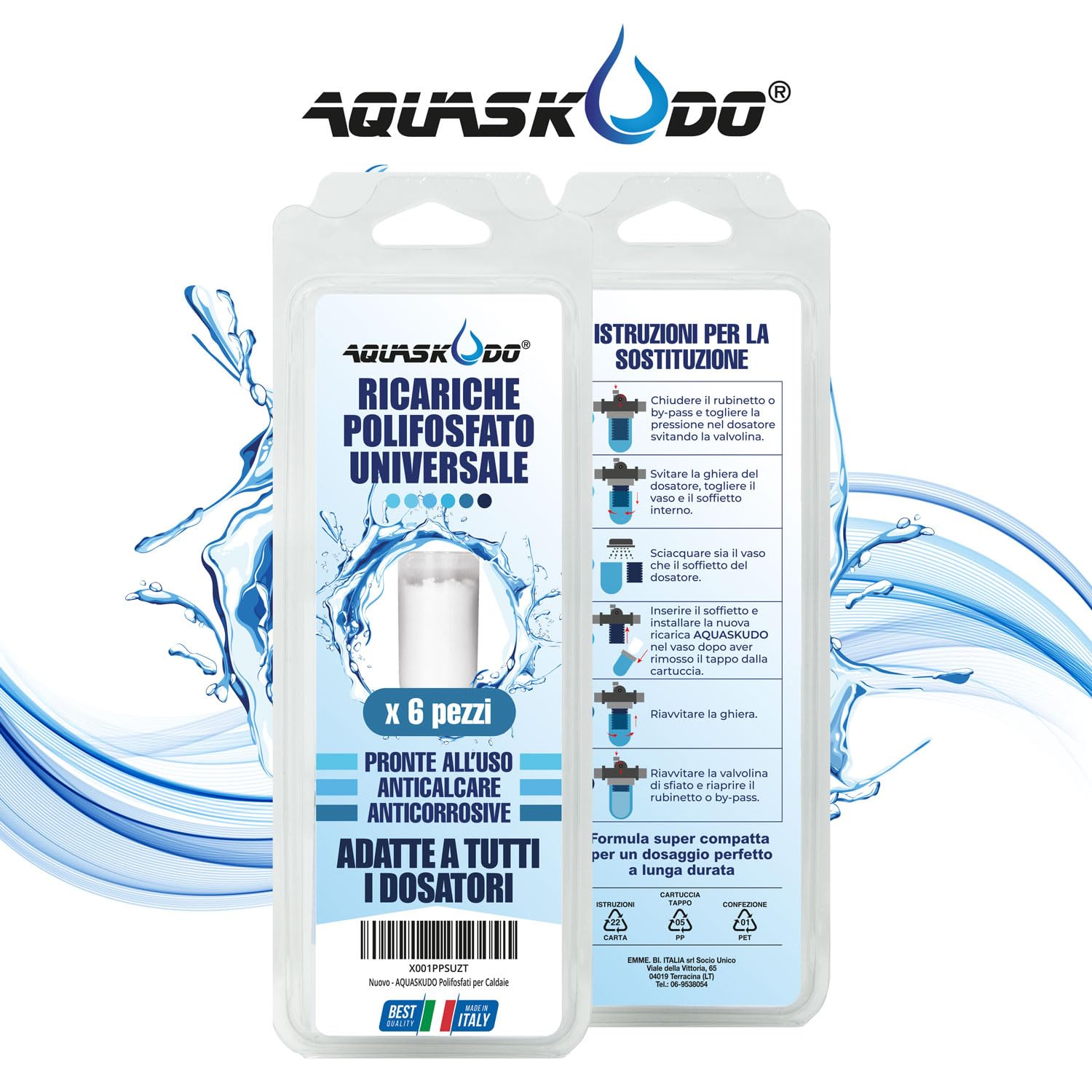 AQUASKUDO Polifosfati per Caldaia Ricarica - Cartucce Universali per Filtro Anticalcare Made in Italy - 6 Ricariche Polifosfati per Caldaie