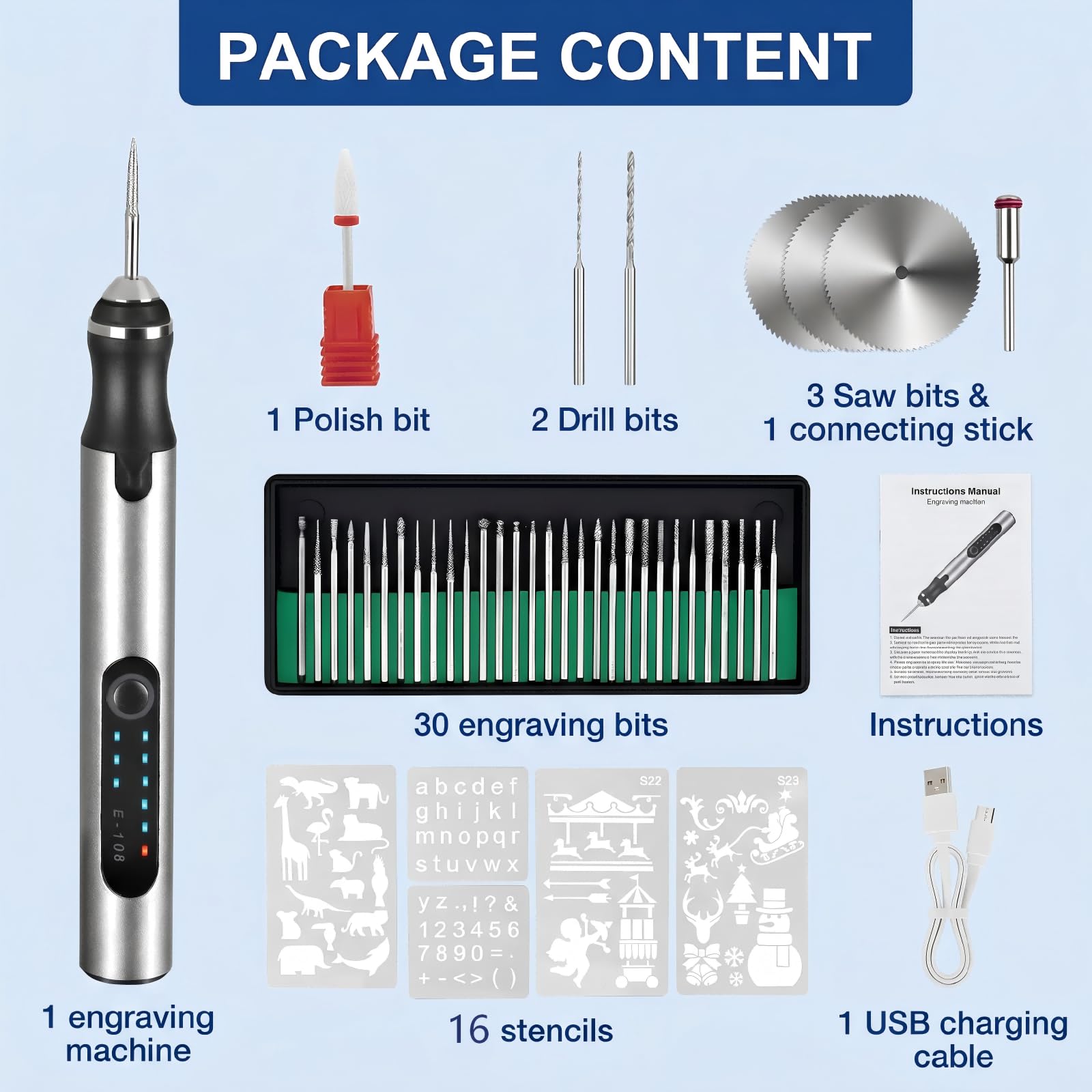 Penna Incisione Elettrica Ricaricabile 3 Velocità 5000-18000 giri/min USB-C 37 Accessori + 16 Stencil Legno Vetro Metallo Pietra