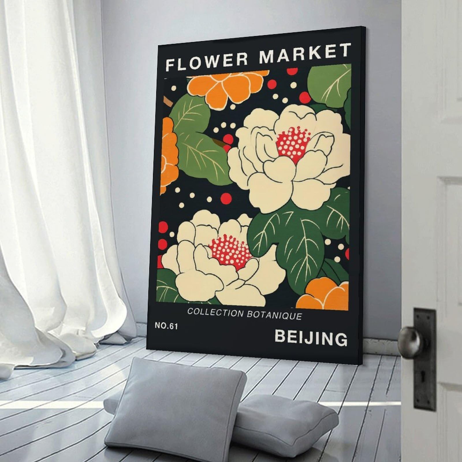 Junmoney Frame-Style-4 Flower Market Beijing Botanical Travel Poster Canvas Wall Decor, 12X18inch(30X45cm), For Wall Displays, Bedrooms Or Room Updates, Wall Decor Suited To Curated Displays