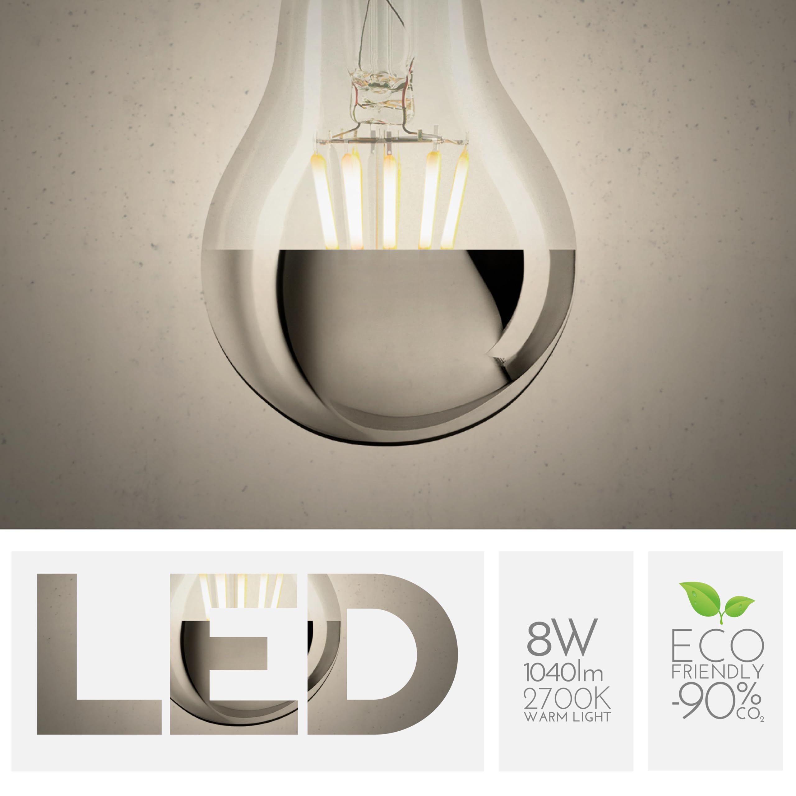 Glühbirne Tropfen Spiegel 8W entspricht 80W, E27, Glas Spiegel-Transparent Silber Top, 2700K Warmes Licht, gerader LED-Glühfaden, 1040 Lumen, 10er-Pack