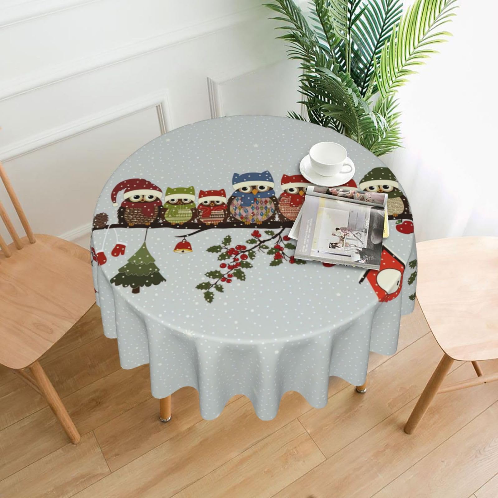 OKFSTY Cute Christmas Owls on Branch Print Round Tablecloth 60in for Wedding Elegant Polyester Cover for Party Reception Festive Dinner