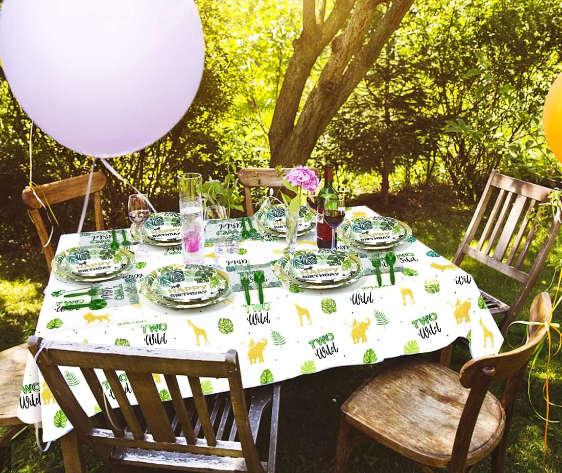 Two Wild Birthday Decorations Tableware - Safari Decorations Include Plates, Cups, Napkins, Cutlery, Tablecloth, Straws, Animal Jungle Theme Party Supplies for Boy Girl 2nd Birthday