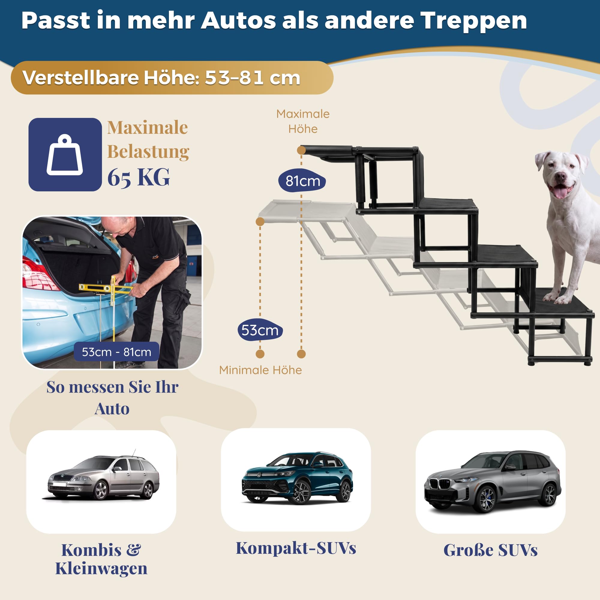 Hundetreppe Auto Klappbar – Leicht & Verstellbar 53–81 cm für SUV & Kombi – Hunderampe Alternative für Große Hunde – Gelenkschonende Einstiegshilfe – Geschlossene Stufen & Anti-Rutsch – Bis 65 kg