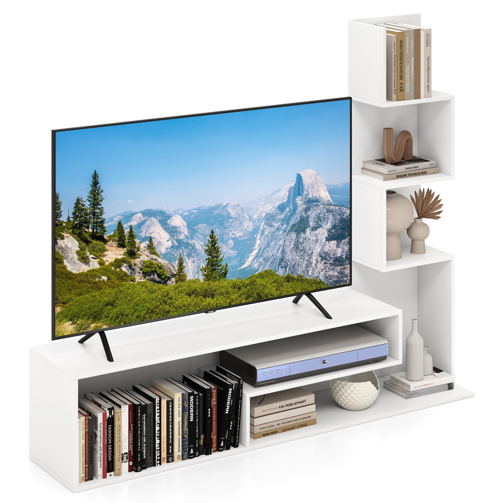 COSTWAY Mobile per TV a Cubi per TV Fino a 50”, Tavolo Console Media con Mensole di Stoccaggio a Forma di L e Scomparti Aperti, Centro di Intrattenimento per Soggiorno, Ingresso (Bianco)