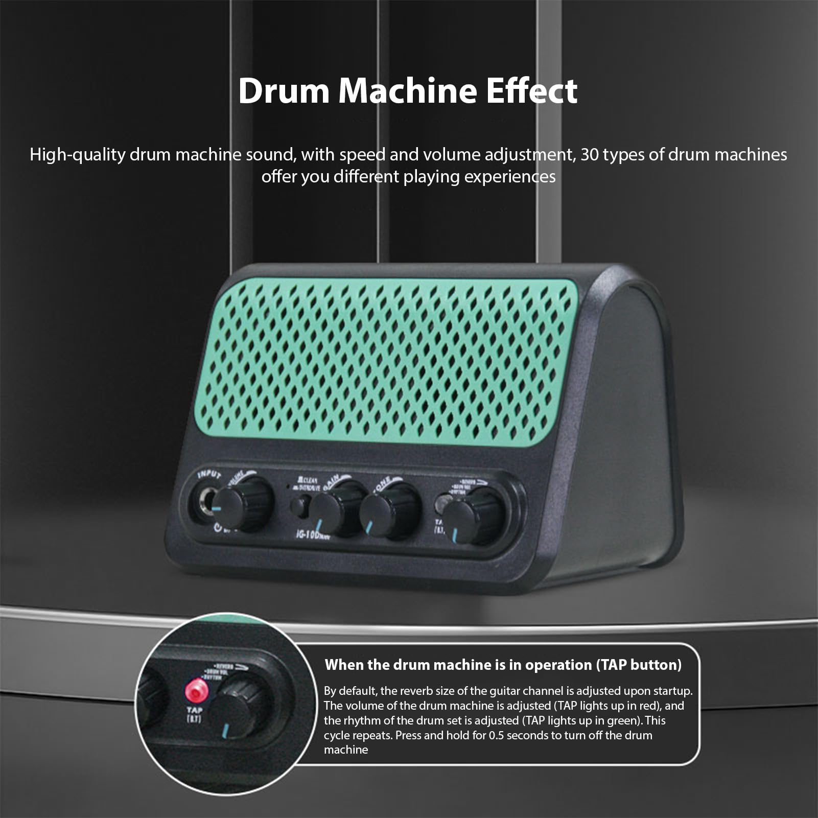 Drfeify Haut-Parleur de Guitare électrique, Connexion sans Fil BT, Boîte à Rythmes, Bouton de tonalité, Commandes de Gain et de tonalité, Rechargeable, Noir, pour Guitaristes