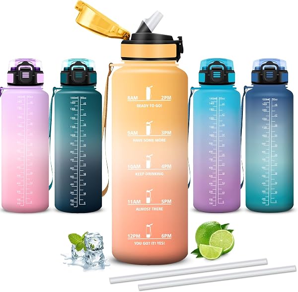 Mujigaga Gourde 1,5L, Gourde Sport Anti-Fuite, Gourdes avec Paille, Facile à Nettoyer, Gourdes Reutilisable, avec Slogan de Motivation, Bouteille d'eau pour Running, Escalade, Musculation, Randonnée - 1
