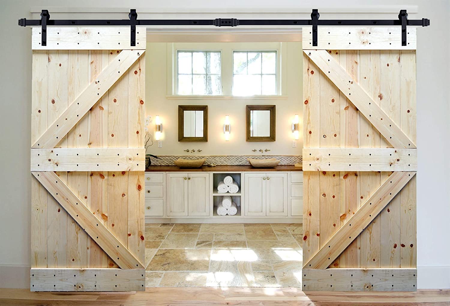 Kit Hardware per Porta della stalla, Kit per Porta Scorrevole della stalla per impieghi gravosi, Kit Completo per Binario Piatto, Uso di Doppie Porte in Legno, Rullo Muto per Binario Piegato, Soffit