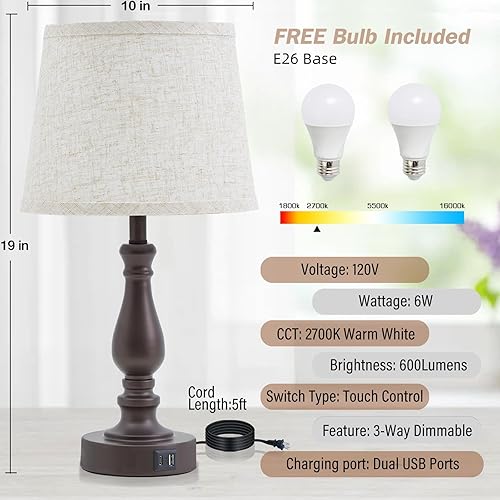 Miniatura 3 de Juego de 2 lámparas de mesa para dormitorio, lámparas táctiles de noche con puertos USB C+A, lámparas de mesita de noche regulables para mesas