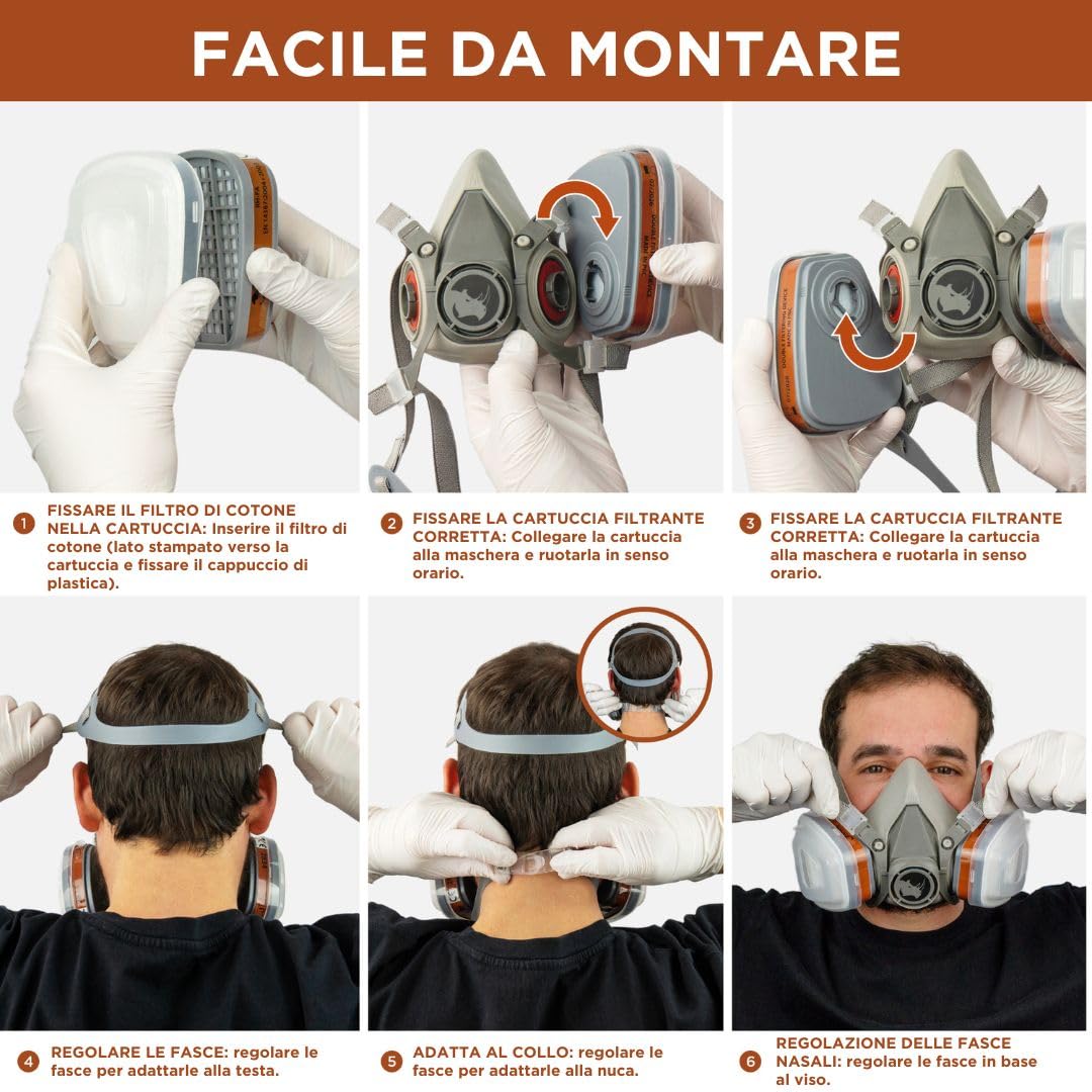 RHINO Smart Solutions Maschera Antigas A1 con Filtri, Occhiali, Guanti di Sicurezza | Maschera Antipolvere, Verniciatura, Spruzzo, Lavoro Protettiva, Resina Epossidica con Carboni Attivi