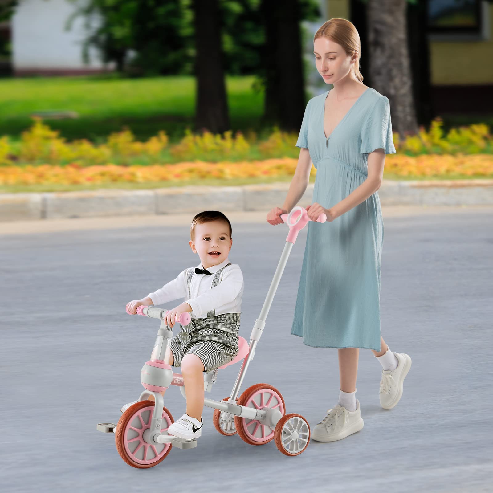 RELAX4LIFE 4 in 1 Triciclo per Bambini con Maniglione, Altezza Sedile a 2 Livelli, Maniglia di Spinta Regolabile e Pedali Rimovibili, Bicicletta Equilibrio per Bambini 2-4 anni (Rosa)