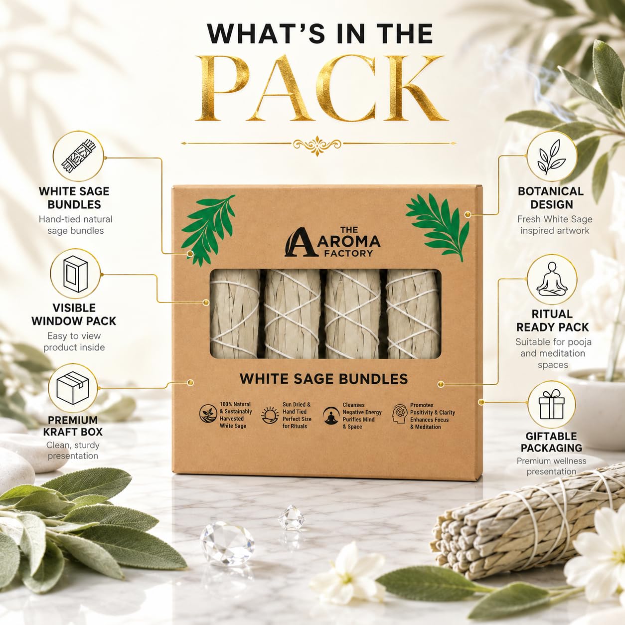 The Aroma Factory Natural White Sage Dry Leaves Smudging Sticks Bundles (6 Inch x 30g Each) Removes Negativity, Aura Cleansing, 1 Box (White Sage, Pack of 4) 1