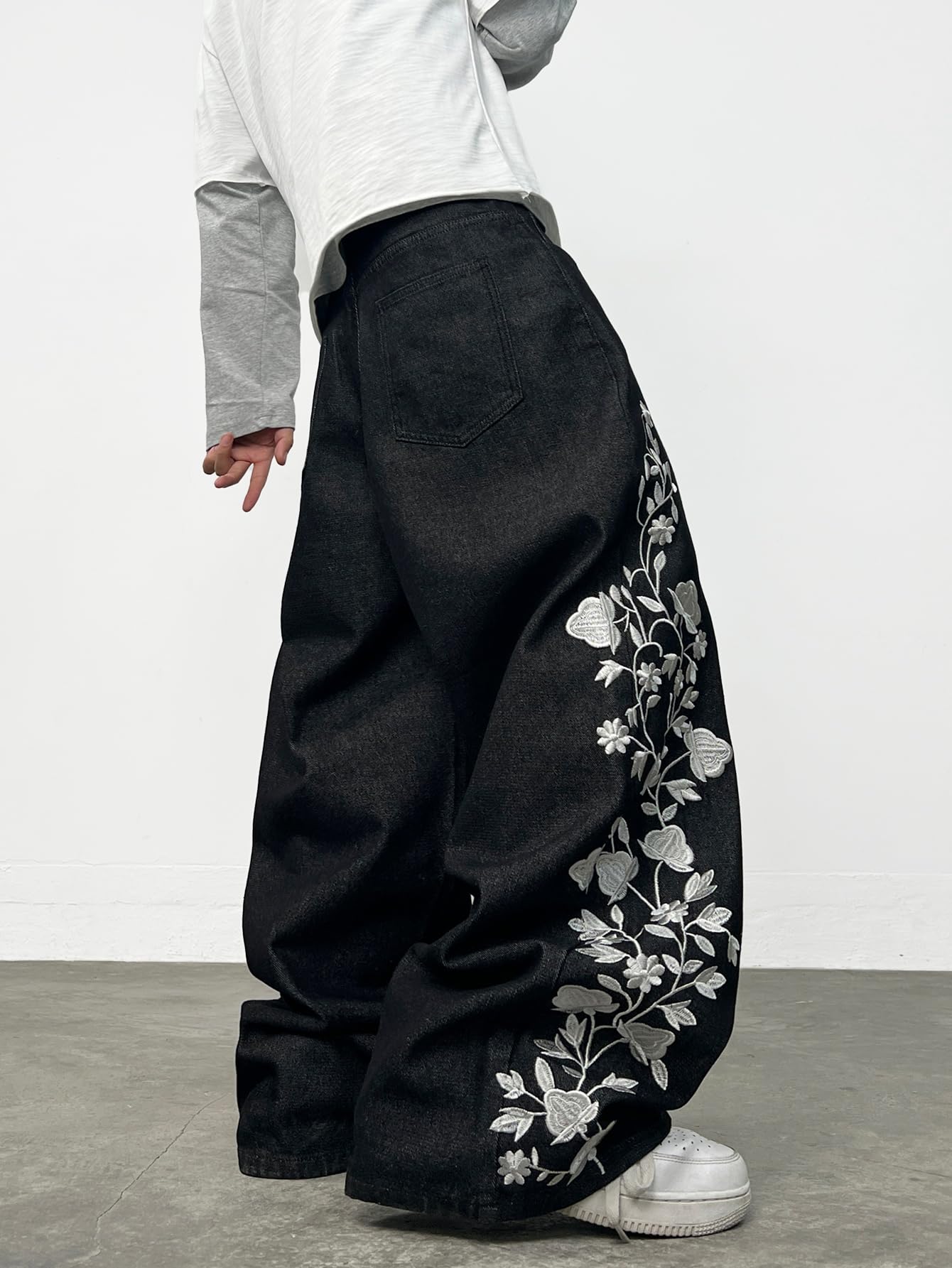 Jeans larghi da uomo con ricamo floreale, stile hip-hop, pantaloni in denim a gamba larga, streetwear