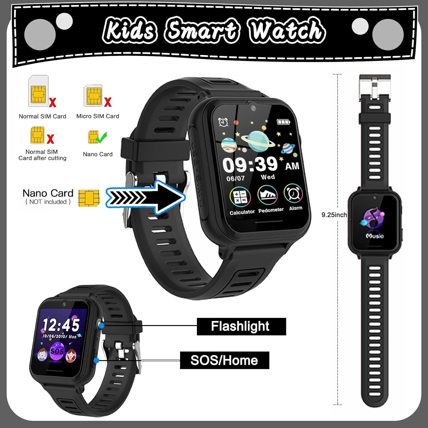 Montre Connectée Enfant Garçons Filles, Montre Intelligente Enfant avec SOS Appeler,14 Jeux HD Caméra & Lecteur Vidéo Musique Torche, Cadeaux pour Enfants 3-12ans (Noir)
