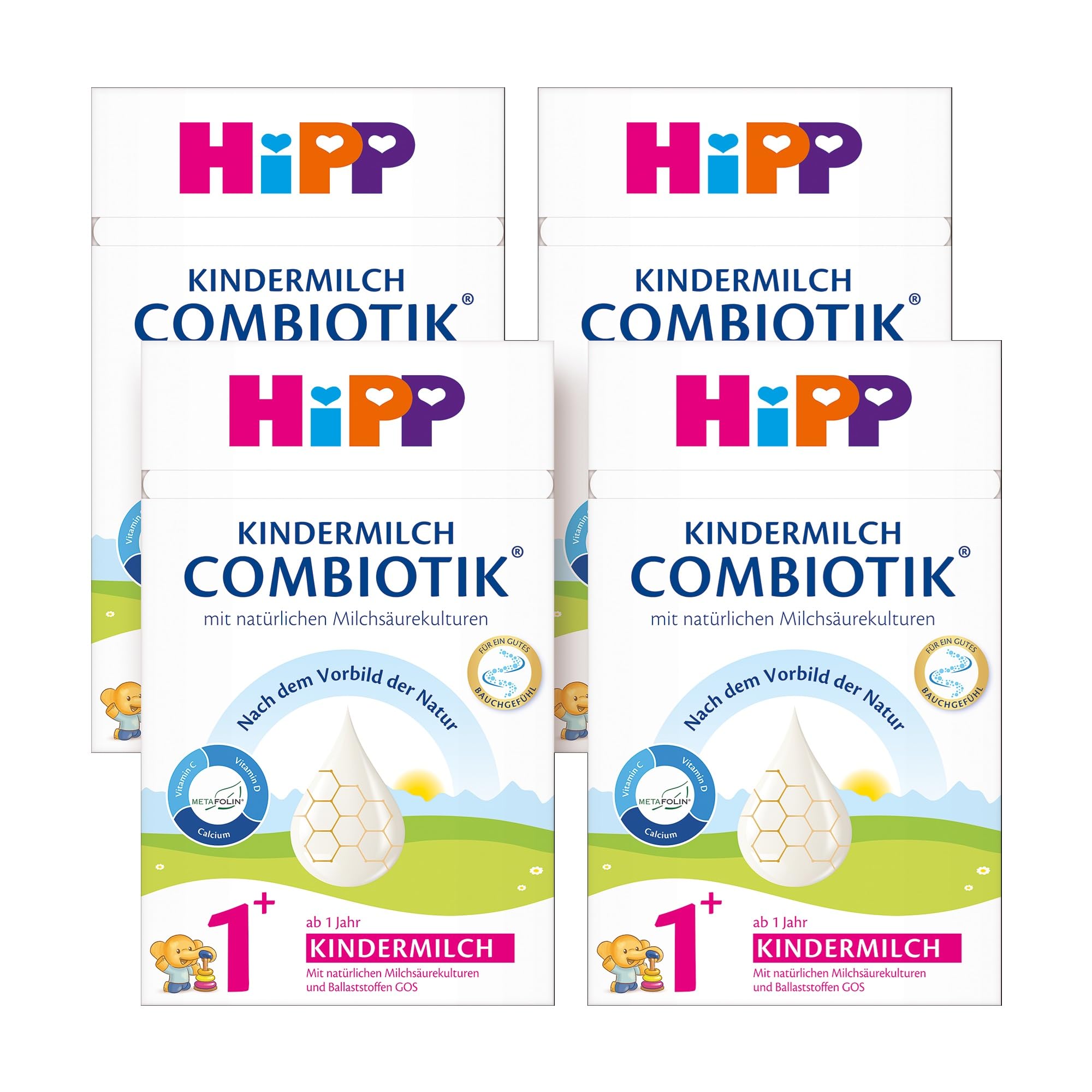 HiPP Kindermilch Combiotik 1+ (4 x 600g), ab 1 Jahr, mit natürlichen Milchsäurekulturen und Ballaststoffen, Calcium, Vitamine C und D, für ein gutes Bauchgefühl