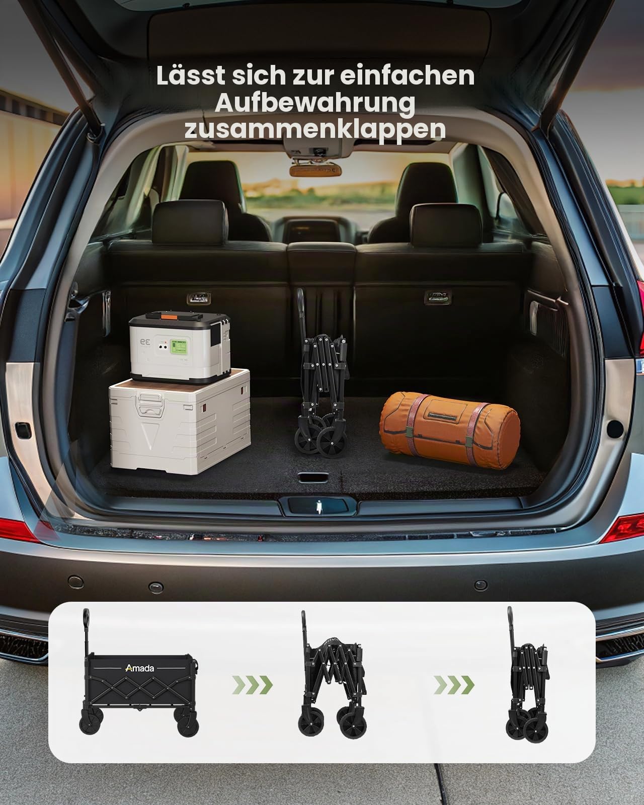 AMADA HOMEFURNISHING Bollerwagen faltbar, klappbarer Bollerwagen mit Maximalbelastung 163kg & Speicherung, Faltbarer Handwagen 90L mit 2 Getränkehaltern für Outdoor, Lebensmittel, Garten & Cam