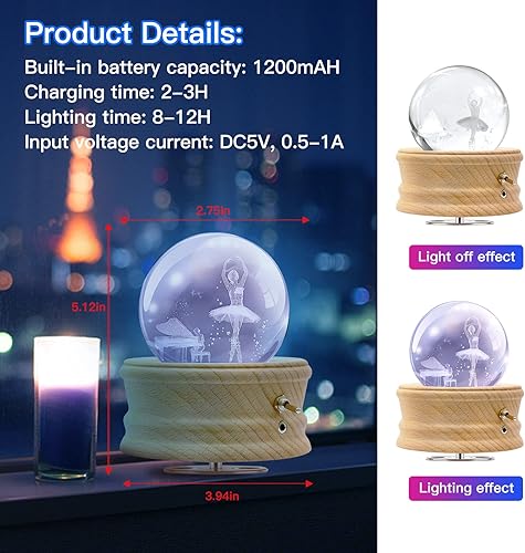 Miniatura 3 de Caja de música, caja de música con bola de cristal 3D con proyección de luz RGB, base de madera giratoria de 360, luz nocturna, el mejor regalo para
