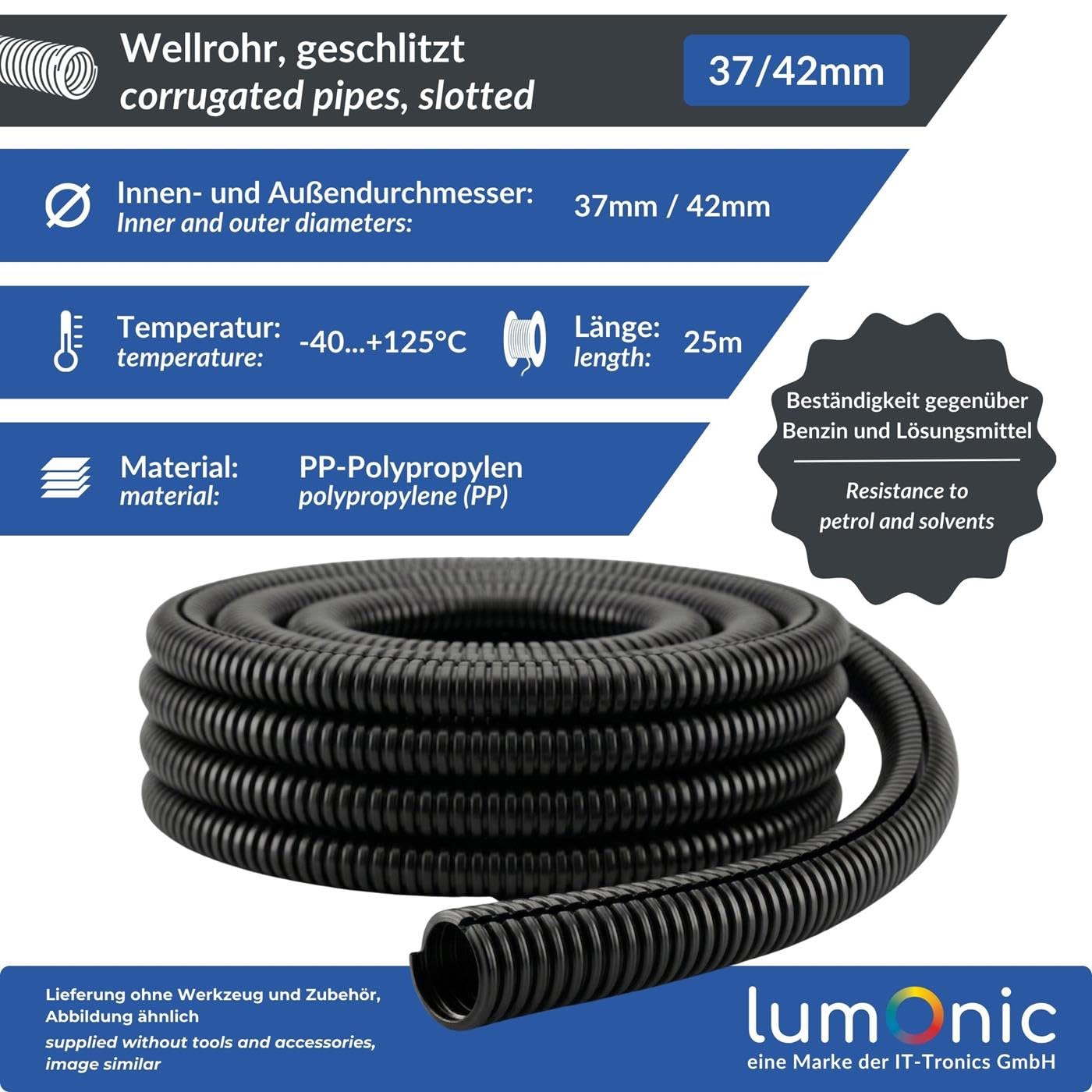 Lumonic 25m Tube ondulé Fendu | Diamètre intérieur 37mm | -40...+125°C | polypropylène ignifugé | Solaire, Câblage Domestique, Véhicule, Armoire électrique