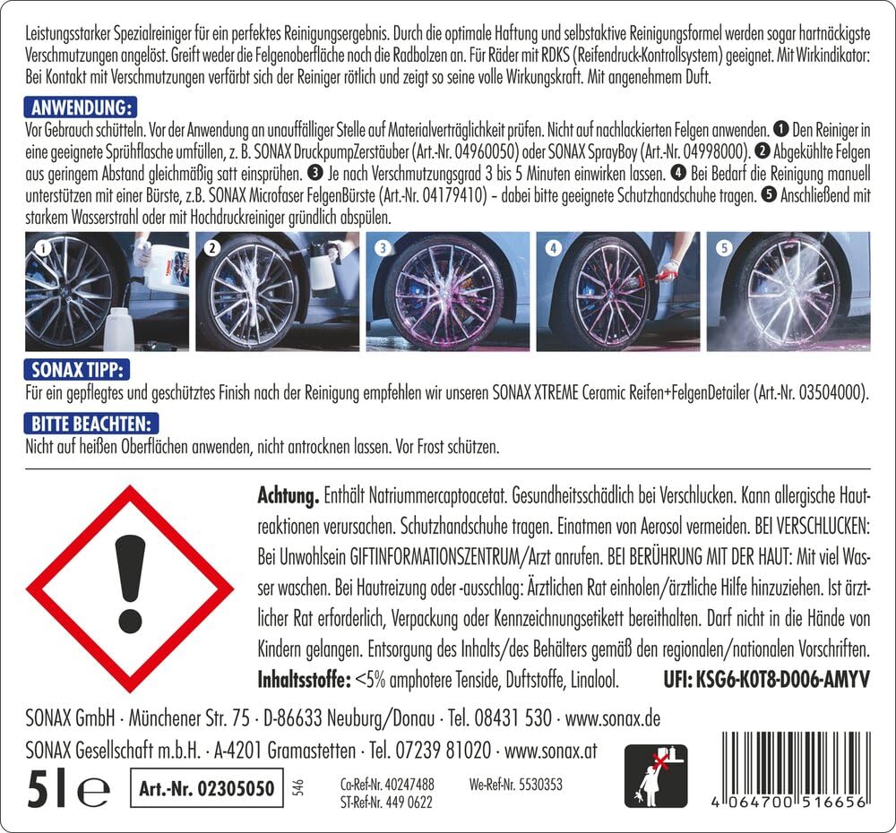 SONAX XTREME FelgenReiniger PLUS (5 Liter) | Felgenreiniger für alle Leichtmetall- und Stahlfelgen sowie lackierte, verchromte und polierte Felgen