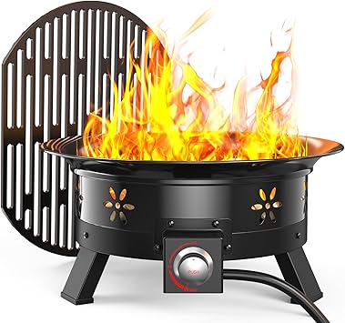 AMADA HOMEFURNISHING 19″ Propane Fire Pit with Grill Grate, 58,000 BTU, Folding Legs, Propane Tank Holder, Cover, and Carry Strap, No Ignition Needed, Easy Flame Adjustment, CSA-Certified, Portable