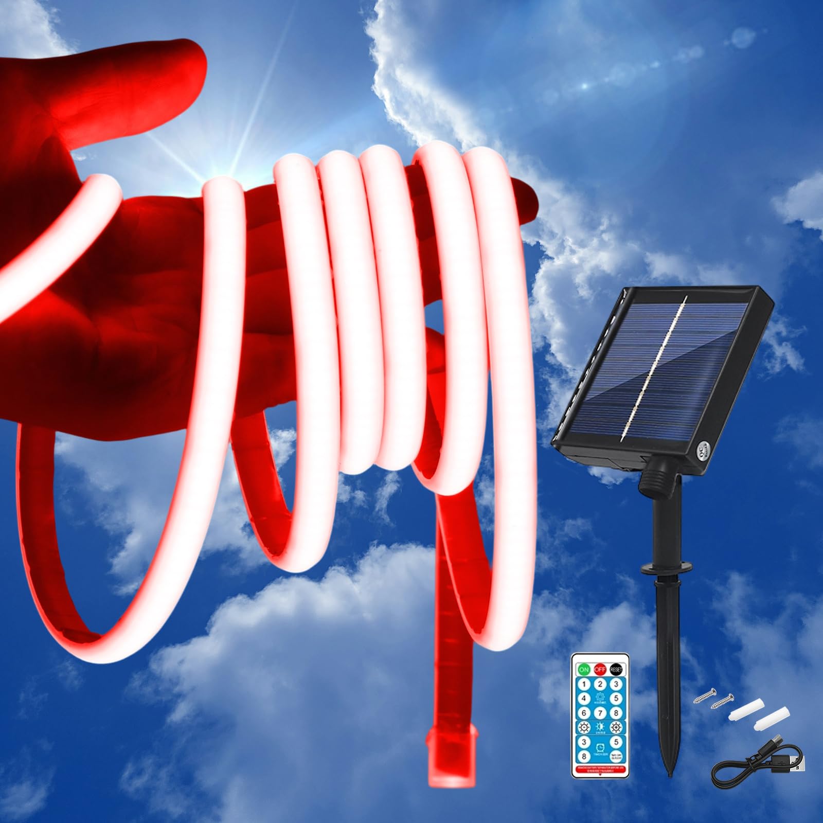 KISUFU 24V Solar LED Strip Lights Outdoor, 320 LEDs/M IP68 Waterproof Cuttable Self-Adhesive Rope Light with 1200mah 8 Modes Battery Box Remote Control for Porch Gazebo Yard Trees Garden Decor.