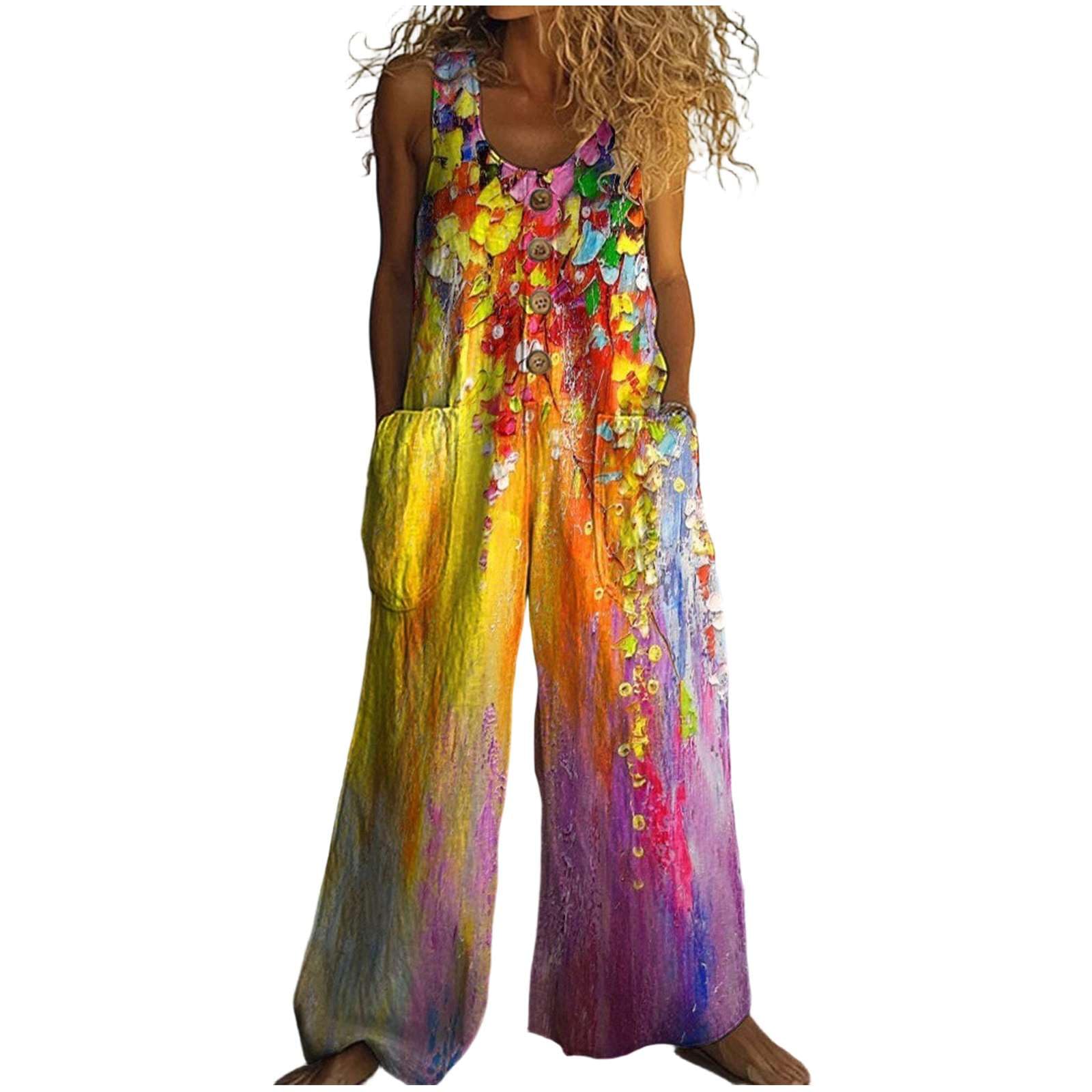 Mono Mujer Verano Peto Boho Sin Mangas Estampado Floral Pierna Ancha Botones Frontales Con Bolsillos Corte Amplio Tallas Grandes Traje Playa Ropa Vacaciones Vestuario Diario Prenda
