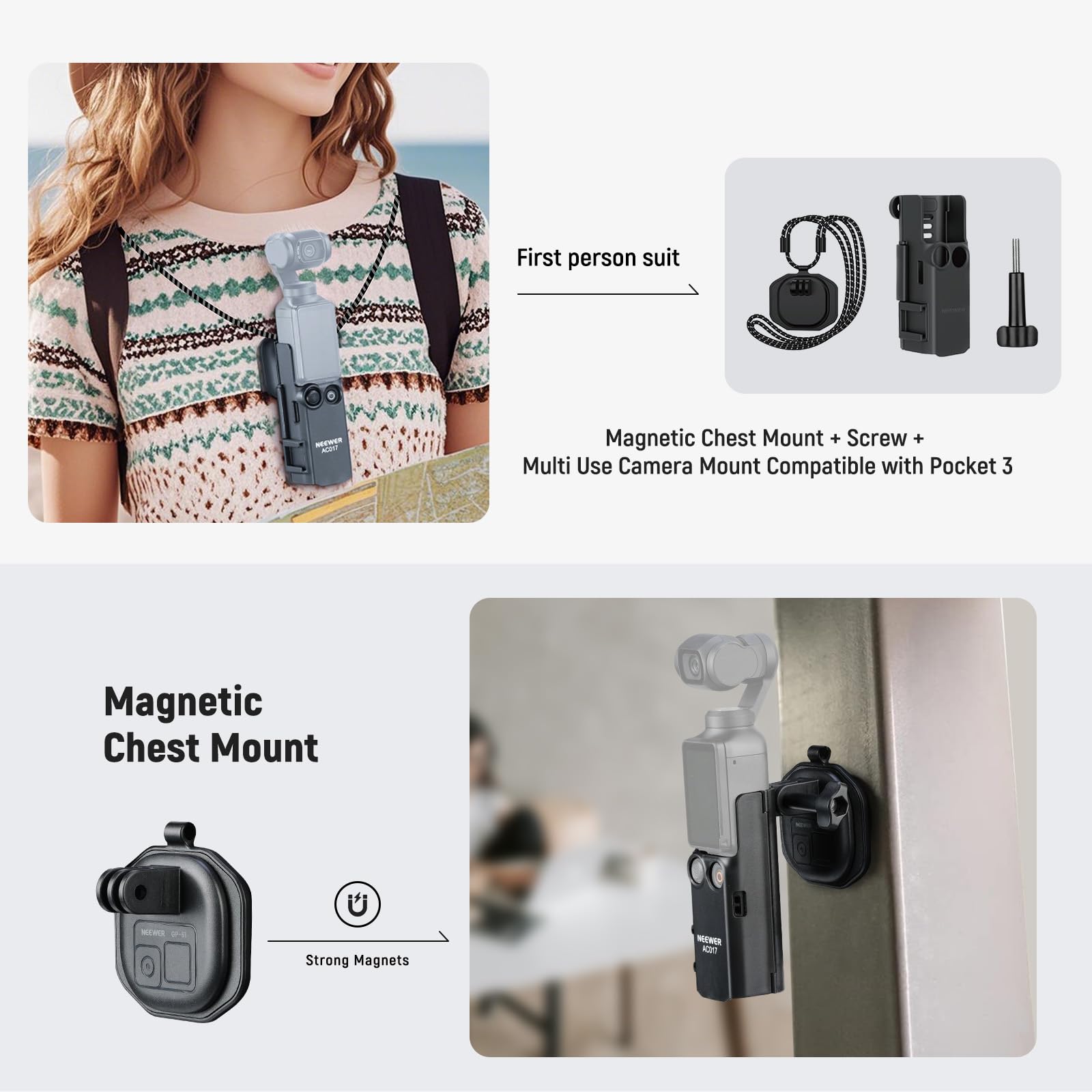 NEEWER Zestaw akcesoriów 16 w 1, kompatybilny z DJI OSMO Pocket 3 Creator Combo, mini statyw do selfie, pasek na klatkę piersiową, magnetyczny adapter do montażu na szyi, adapter do wspinaczki
