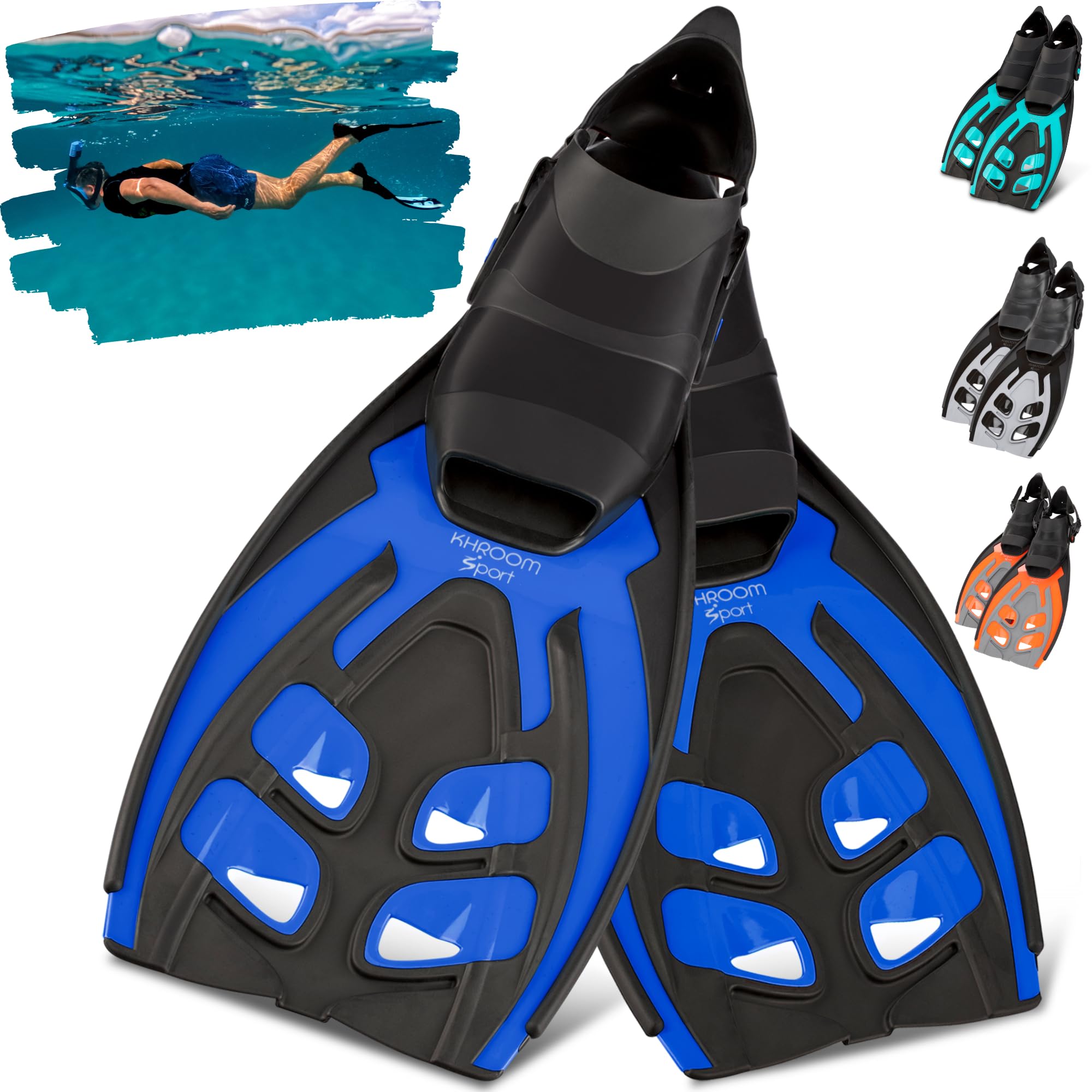 Khroom Flossen Erwachsene Gr. 36-47 - Hochwertig, Made in Italy, Schwimmflossen zum Schnorcheln & Tauchen, Unisex verstellbare Schnorchelflossen / Taucherflossen Damen & Herren
