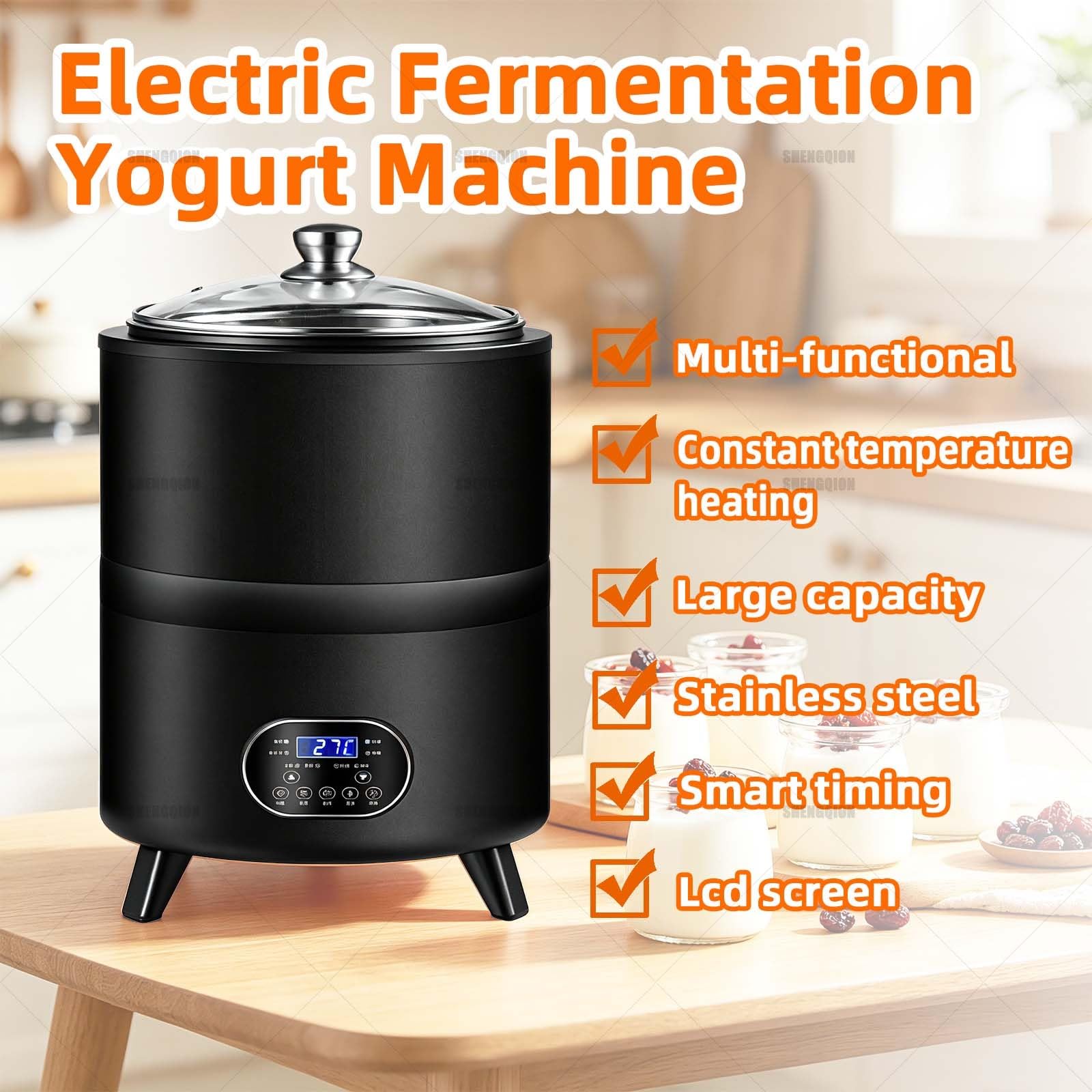 Yogurt Maker, macchina elettrica intelligente con 7 modalità preimpostate, riscaldamento uniforme a 360°, timer digitale, ciotola rimovibile in acciaio inossidabile, capacità 8 l per yogurt, natto e