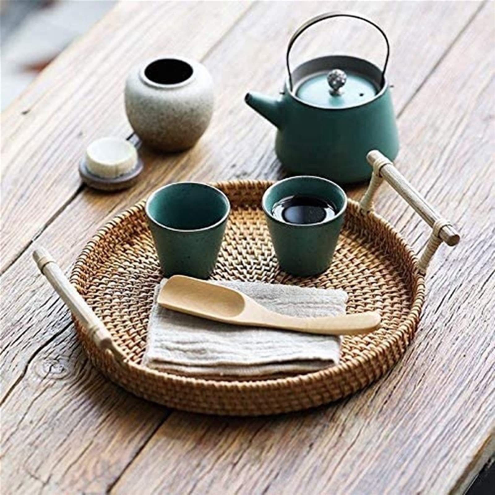 JINGYAN Breakfast Trays Coffee Table Decorative Tray Hand Woven, Wicker Serving with Handles Rattan Basket for Living Room Decor