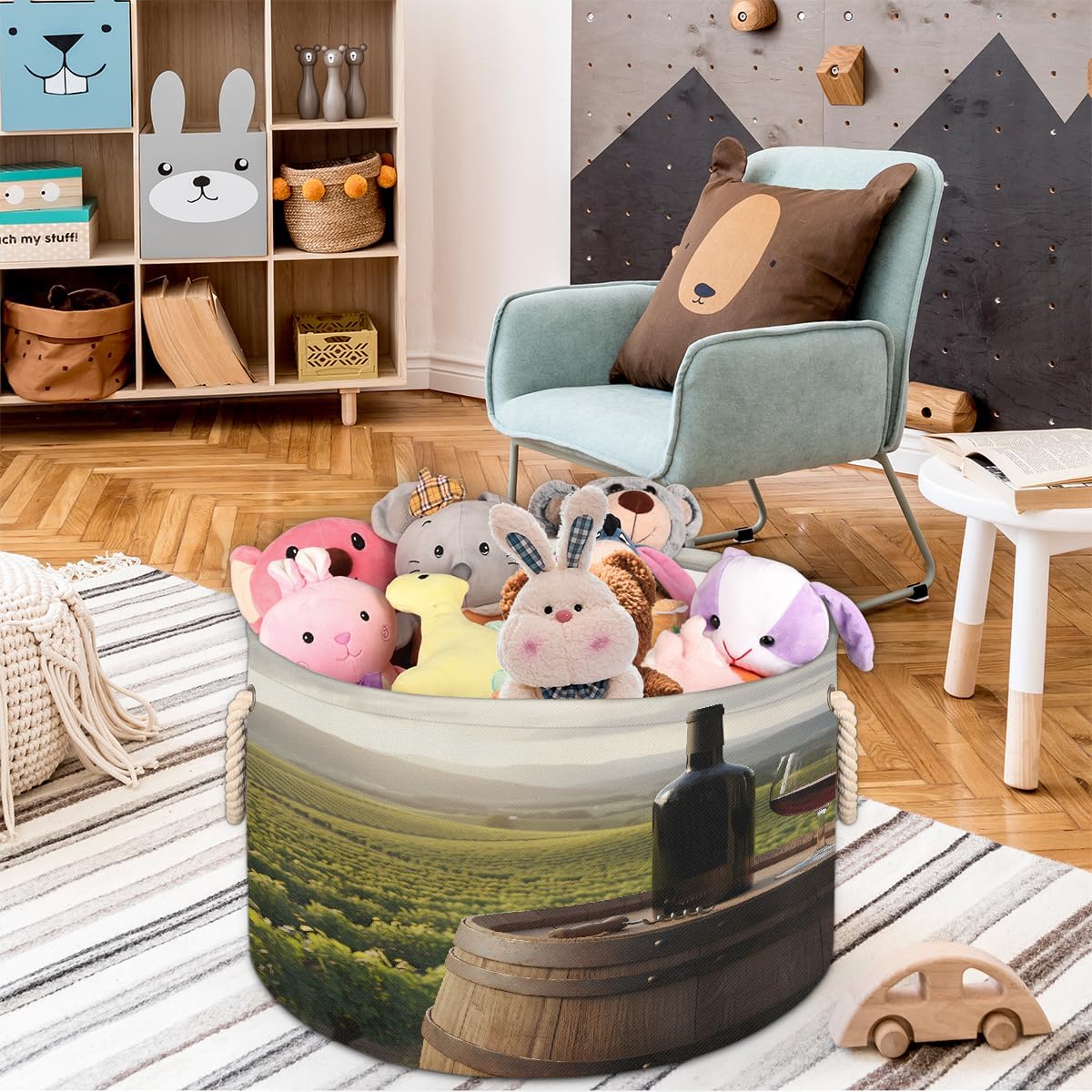 Large Storage Baskets - Red Wine Estate Nursery Round Collapsible Organizer Bin Box, Laundry Hamper for Kids Toys, Blanket, Bedroom Living Room Home Decor, Gift Basket, 19.4"x13.3"