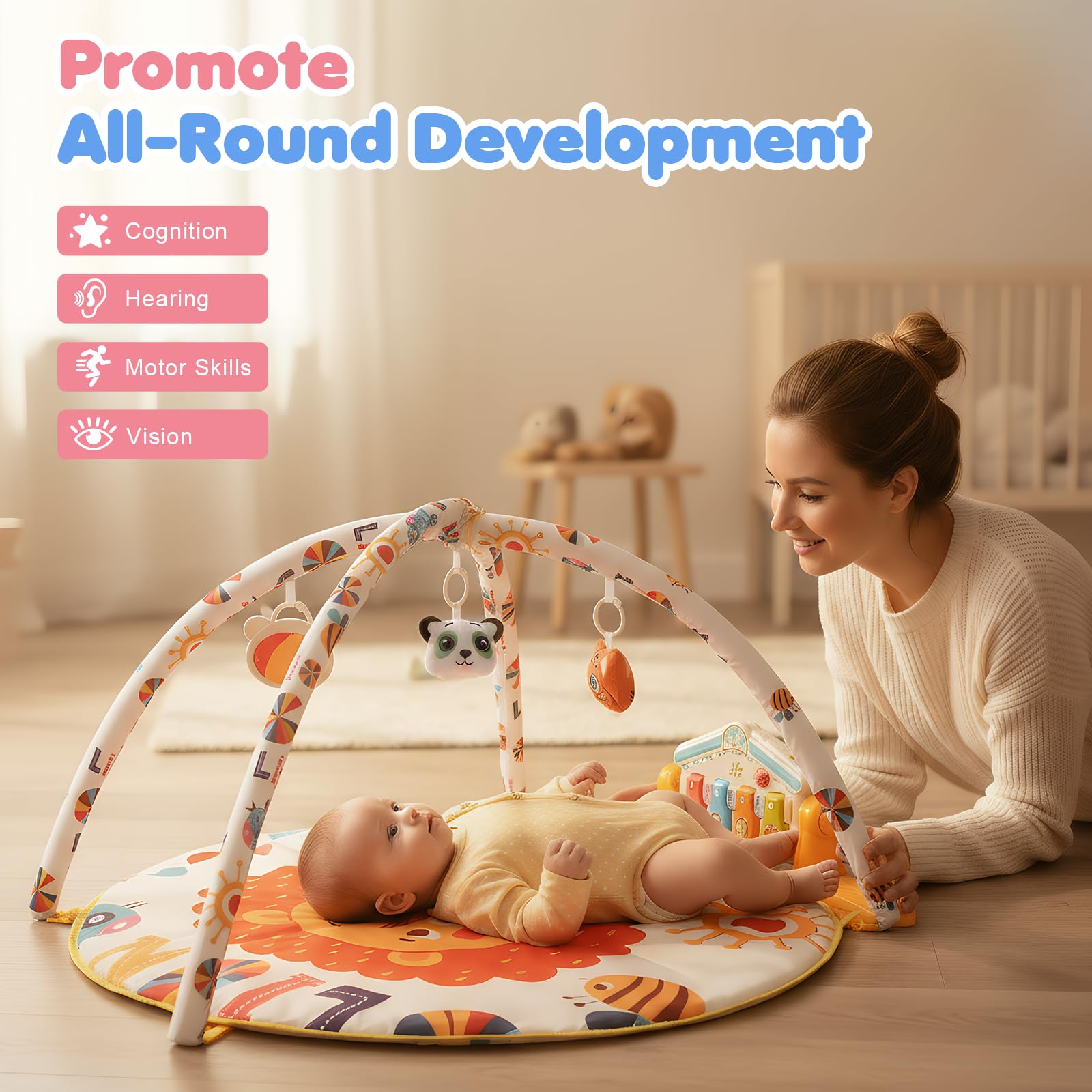 Spieldecke Baby Gym, 6 in 1 Spielbogen 0-12 Monate mit Musik Klaviermatte, 4 Hänge-Spielzeug, Licht & Töne, 400+ Geräuschen, Aktivitätsmatte mit Abnehmbarem Babyspielzeug für Neugeborene