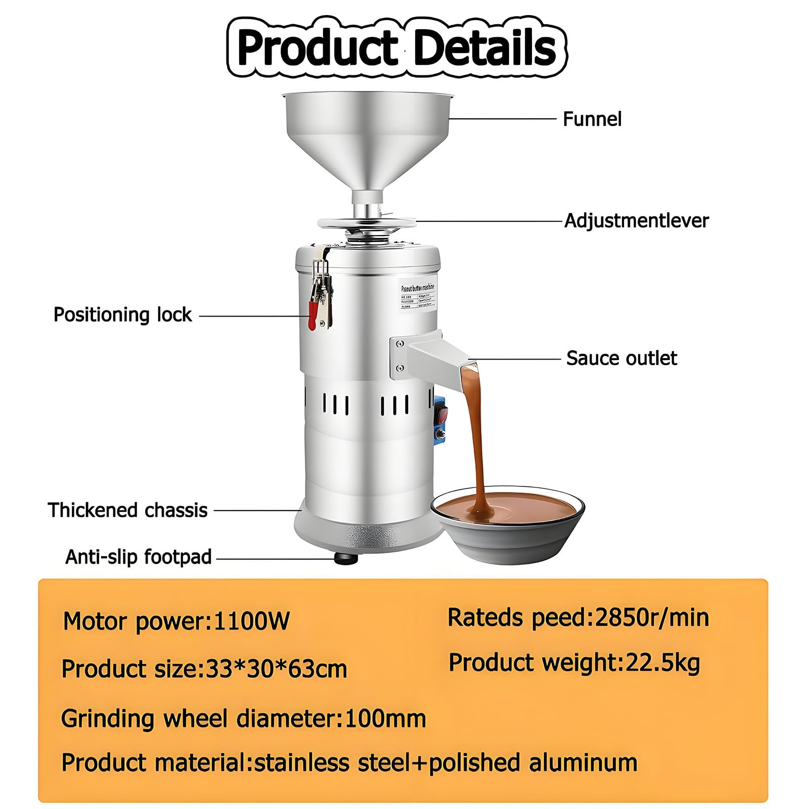 Erdnuss-Sesam-Mahlmaschine, Edelstahl-Erdnussbutter-Maschine, Home/Commercial Grinder für Erdnuss, Cashew-Nuss, Sesam - 15 kg/h Kapazität