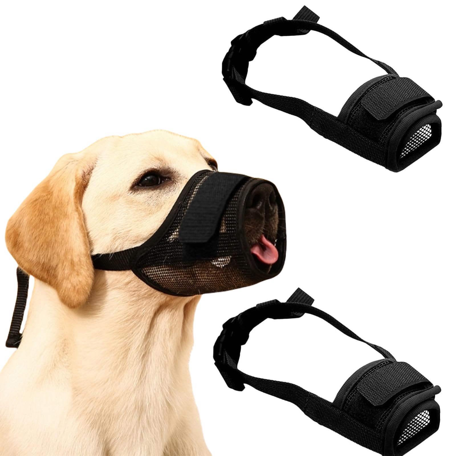 2 PCS Breathable Nylon Dog Muzzles (Black, Small) - Adjustable Mesh Training Mask for Barking & Biting Control