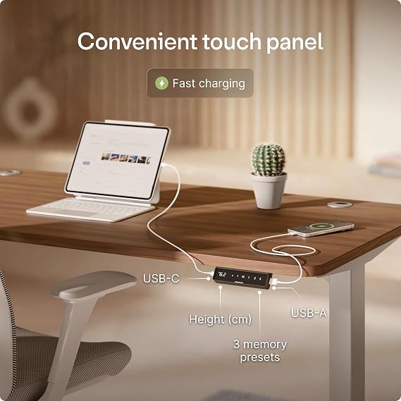 Desktronic HomePro Standing Desk – 200 x 80 cm Height Adjustable Desk with Electric Dual Motor, Touchscreen Controller & Integrated USB/USB-C, 3 Memory Presets