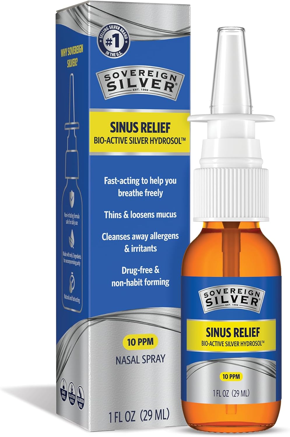Sovereign Silver Natural Nasal Spray - Colloidal Silver Nasal Spray, Bio Active Nose Mist for Sinus Relief and Immune Support, Adults and Kids, 10 ppm - 2 fl oz (59mL), Pack of 2