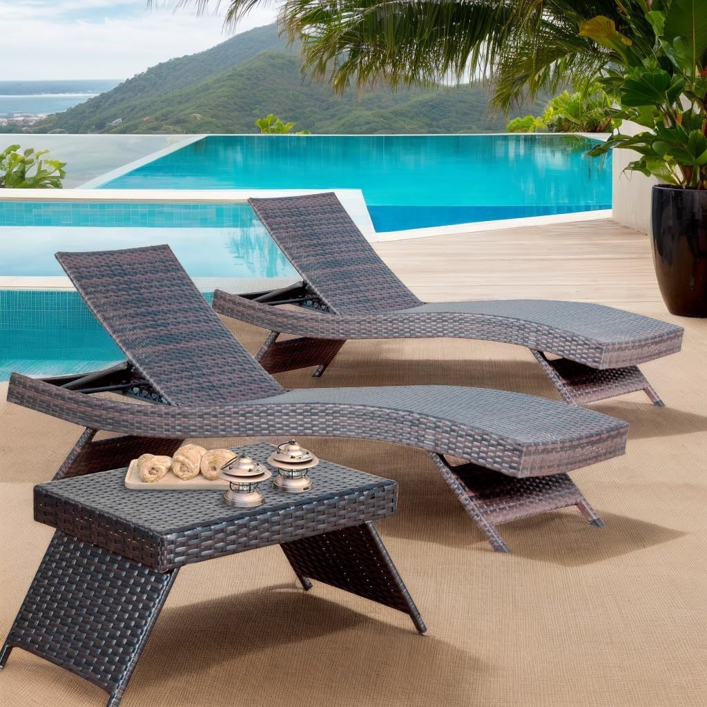 Outdoor Wicker Reclining Lounge Chairs Patio Rattan Chaise Lawn Sunbathing Chairs 79" Long Reclining Chairs, Set of 2 Chaise Longues + 1 Coffee Table
