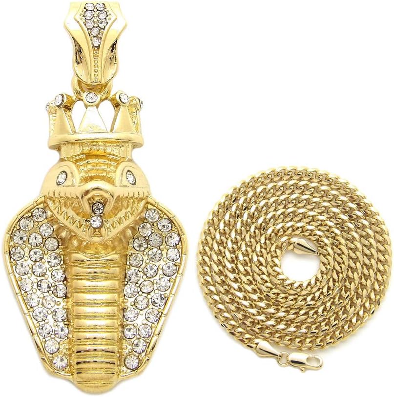 Fashion 21 Unisex Iced Out King Crowned Cobra Snake Pendant 24" Various Chain Necklace in Gold, Silver Tone