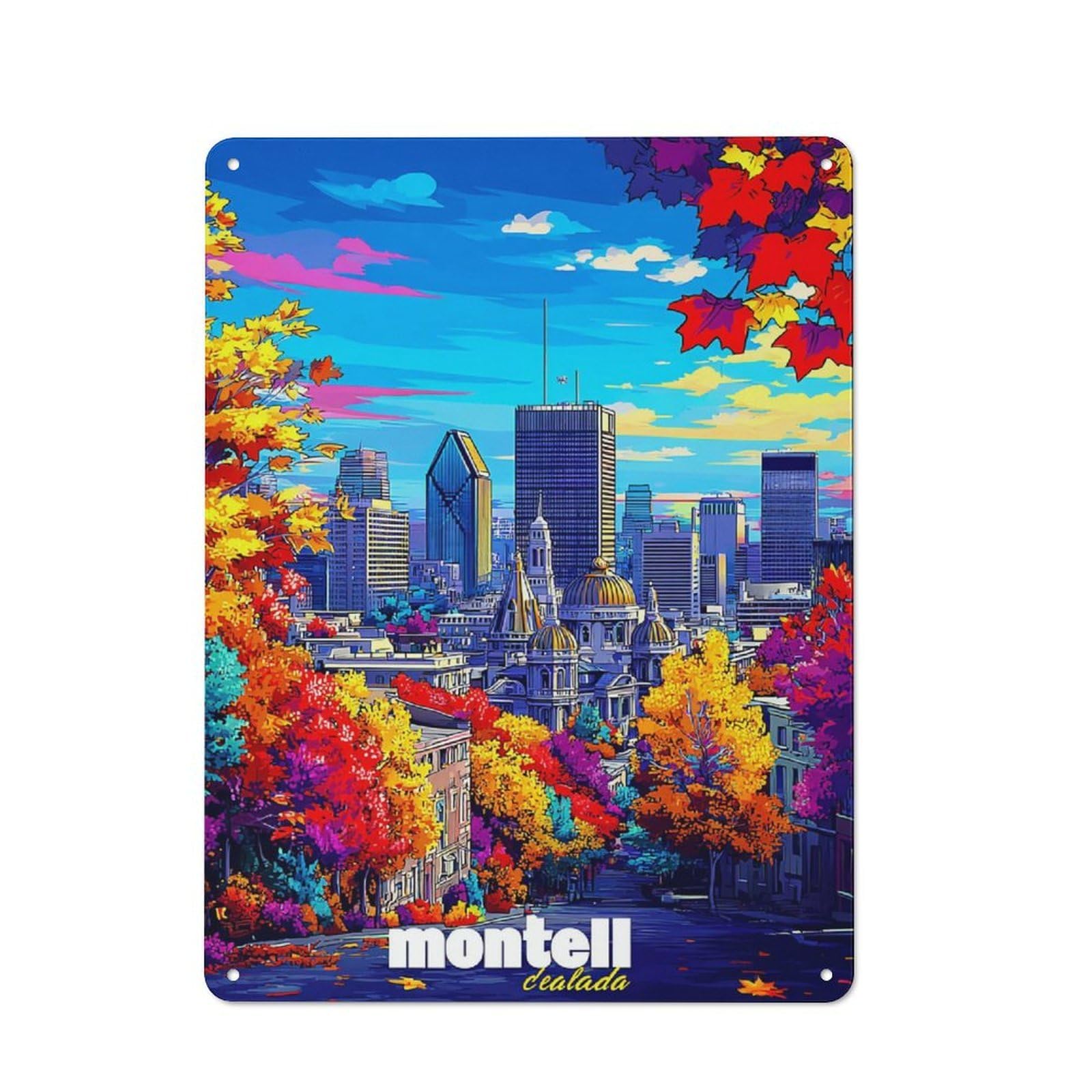 Junmoney Autumn Colors In Montreal Skyline -1 Industrial Decorative Metal Plaque 40X30cm Featuring Urban Room Decor For Flat, Bar, Studio Or Gallery Wall