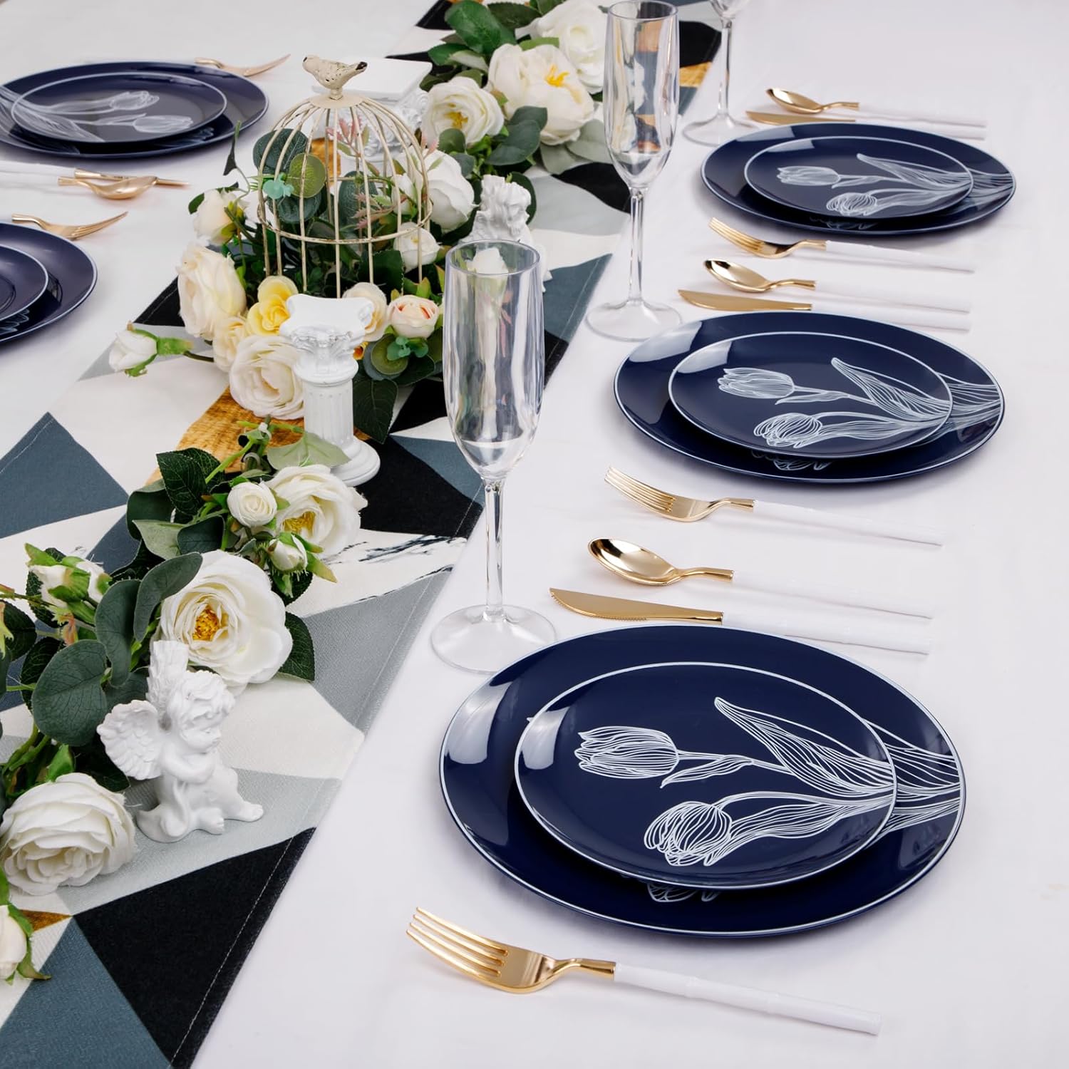 GATHER 40PCS Tulip Flower Plastic Plates - Navy Blue and White Disposable Plates Includes 20 Dinner Plate and 20 Salad Plate - Heavy Duty Fancy Plates for Wedding＆Party&Easter