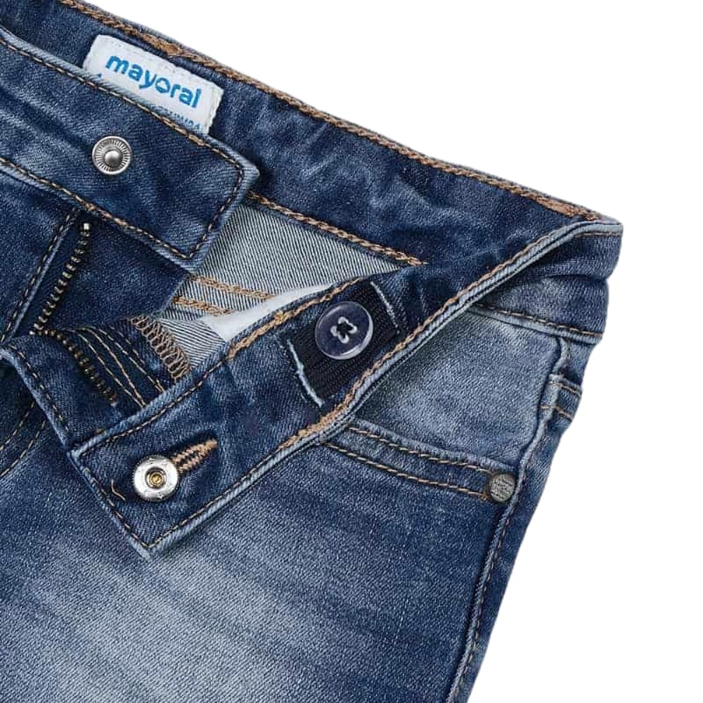 Mayoral Pantalones Cortos Niña 3-9 Años de Algodón Orgánico - Shorts Verano Denim Elástico con Bolsillos, Cintura Ajustable, Botón y Cremallera - Azul Medio 236