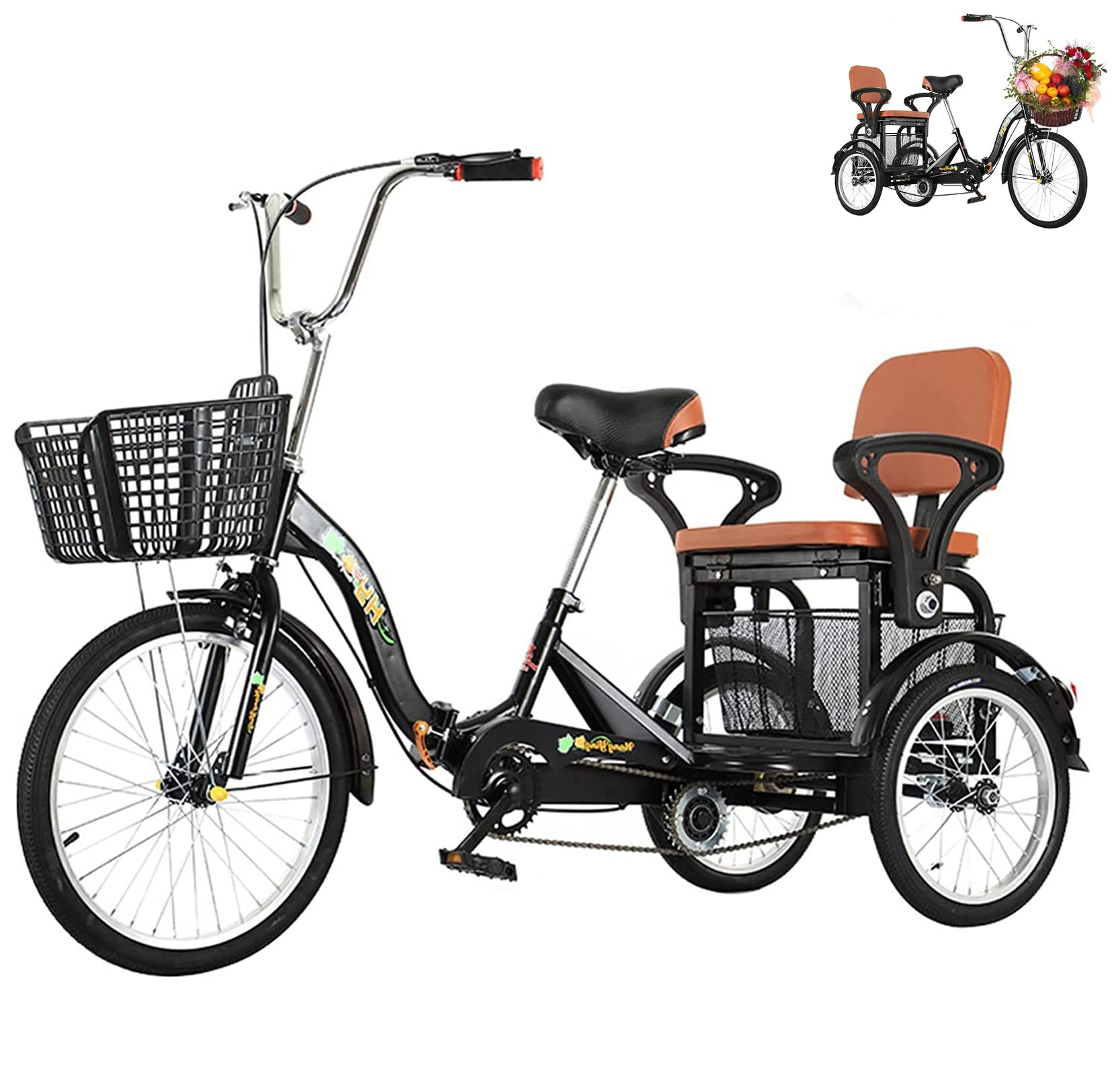 HMGAQNP Tricycle for Adults/Seniors 3 Wheel Bikes with Large Size Basket and Back Seat, 21 Inch Three-Wheeles Cruise Bicycles Bike for Parent-Child Recreation, Shopping, Exercise